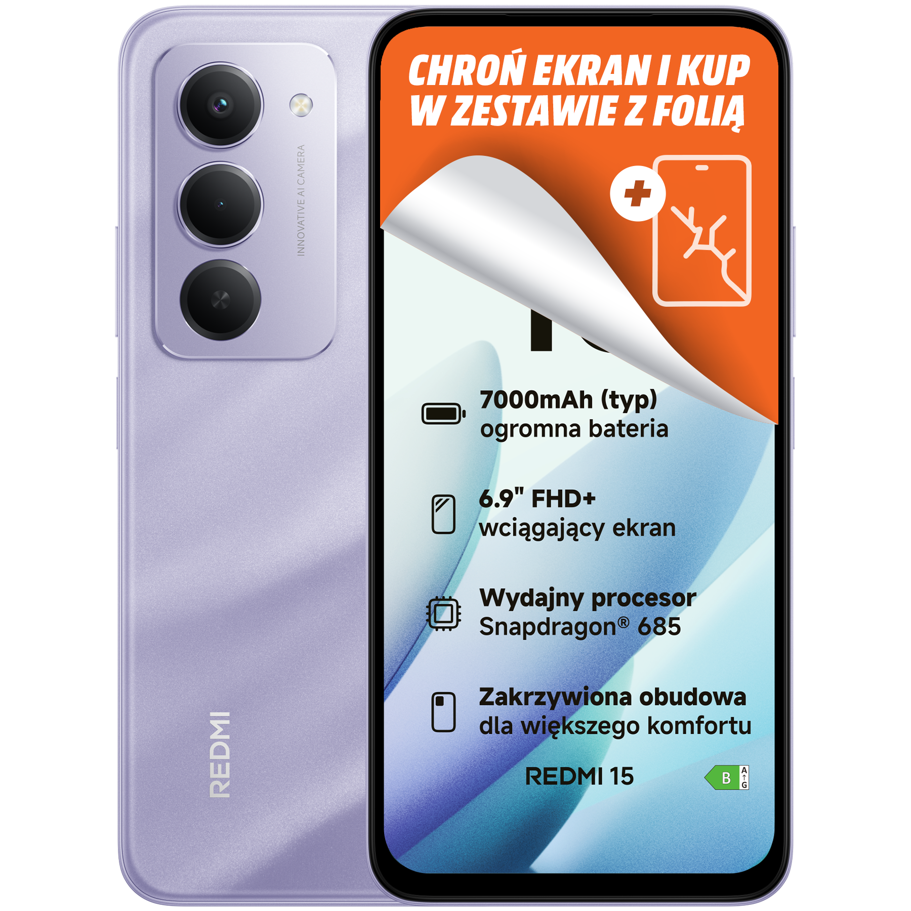 Fioletowy telefon Redmi 15 z trzema aparatami, pomarańczową osłoną ekranu i tekstem promocyjnym o funkcjach.