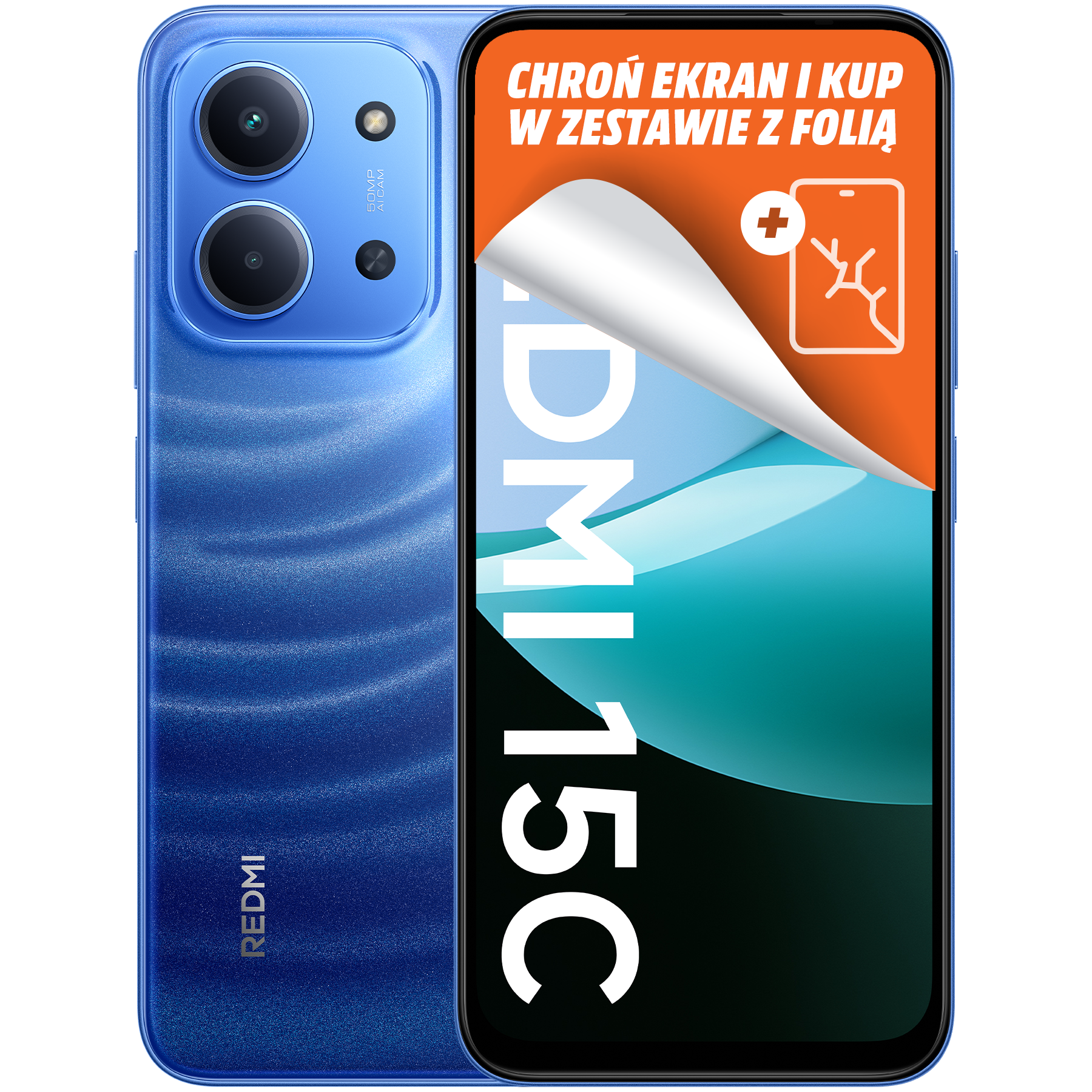 Niebieski telefon Redmi z dwoma aparatami i ochraniaczem ekranu. Ekran wyświetla 'DM15C' i tekst po polsku.