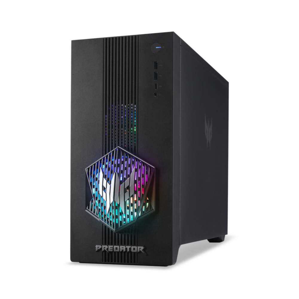 Schwarzes Predator PC-Gehäuse mit RGB-Beleuchtung und Logo. Die Frontplatte hat ein geometrisches Design mit dem Markennamen unten.