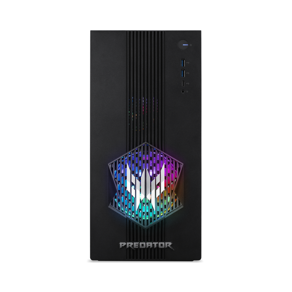 Schwarzes Predator-PC-Gehäuse mit Logo und bunten Lichtern. Es hat einen Power-Button, USB-Anschlüsse und eine Kopfhörerbuchse.