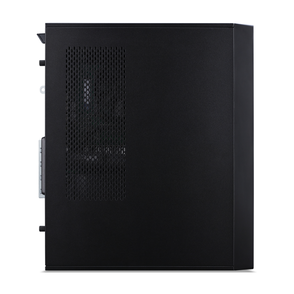 Ein schwarzes Computergehäuse steht auf weißem Grund. Es hat eine Mesh-Seitenwand und verschiedene Anschlüsse.