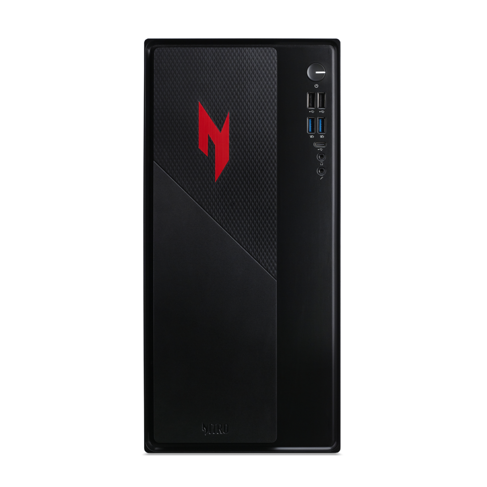 Schwarzes Computergehäuse mit rotem Logo. Die Front hat ein strukturiertes Muster und das Wort 'NITRO'. USB-Anschlüsse sind an der Seite.