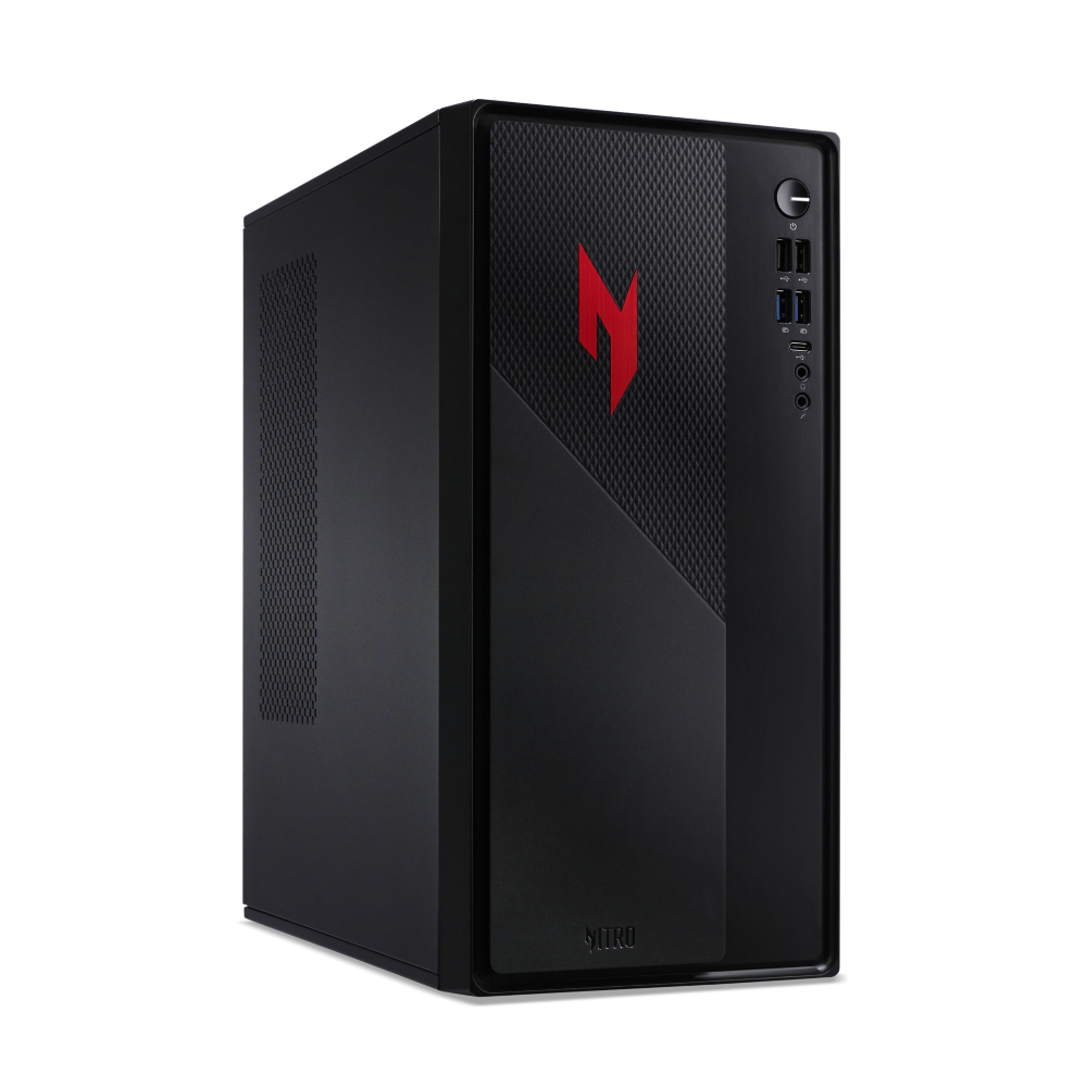Ein schwarzer Computerturm mit rotem Logo auf der Vorderseite. Er hat verschiedene Anschlüsse und Knöpfe auf der Frontplatte, der Hintergrund ist weiß.