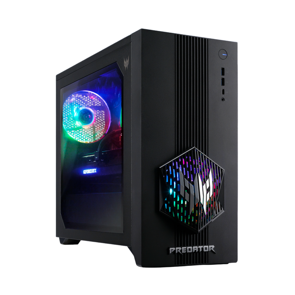 Schwarzes Predator-PC-Gehäuse mit Glasseitenwand. Das Gehäuse hat farbenfrohe Lichter, und das Predator-Logo ist sichtbar.
