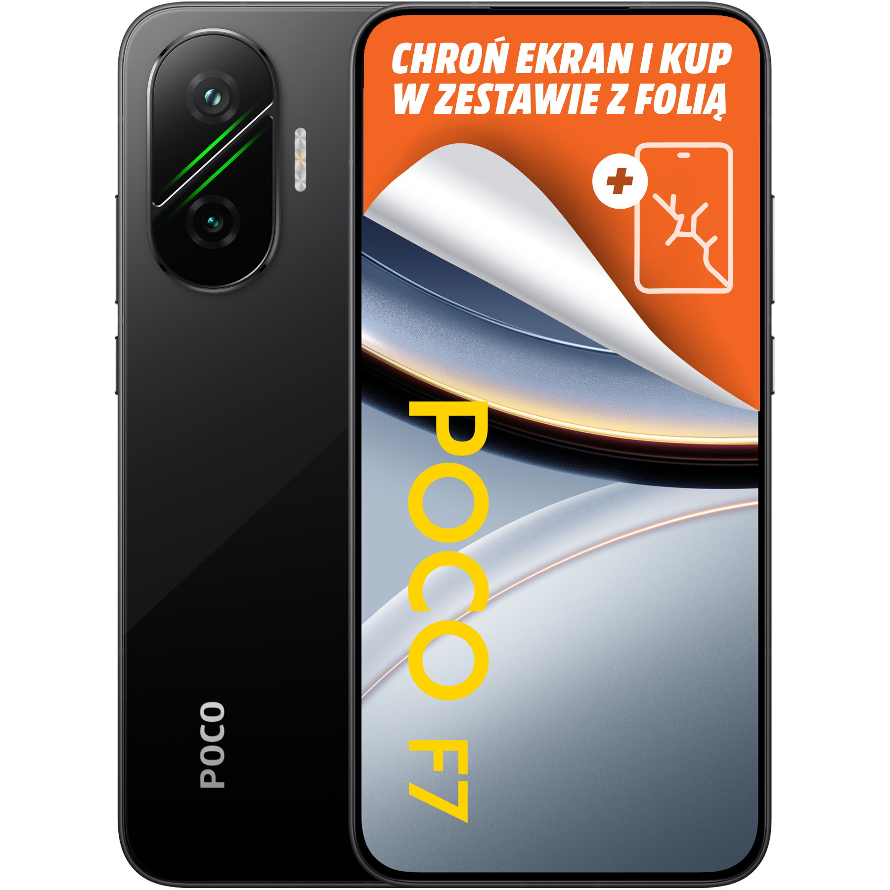 Czarny telefon Poco F3 z ofertą folii ochronnej. Telefon ma potrójny aparat i logo Poco.