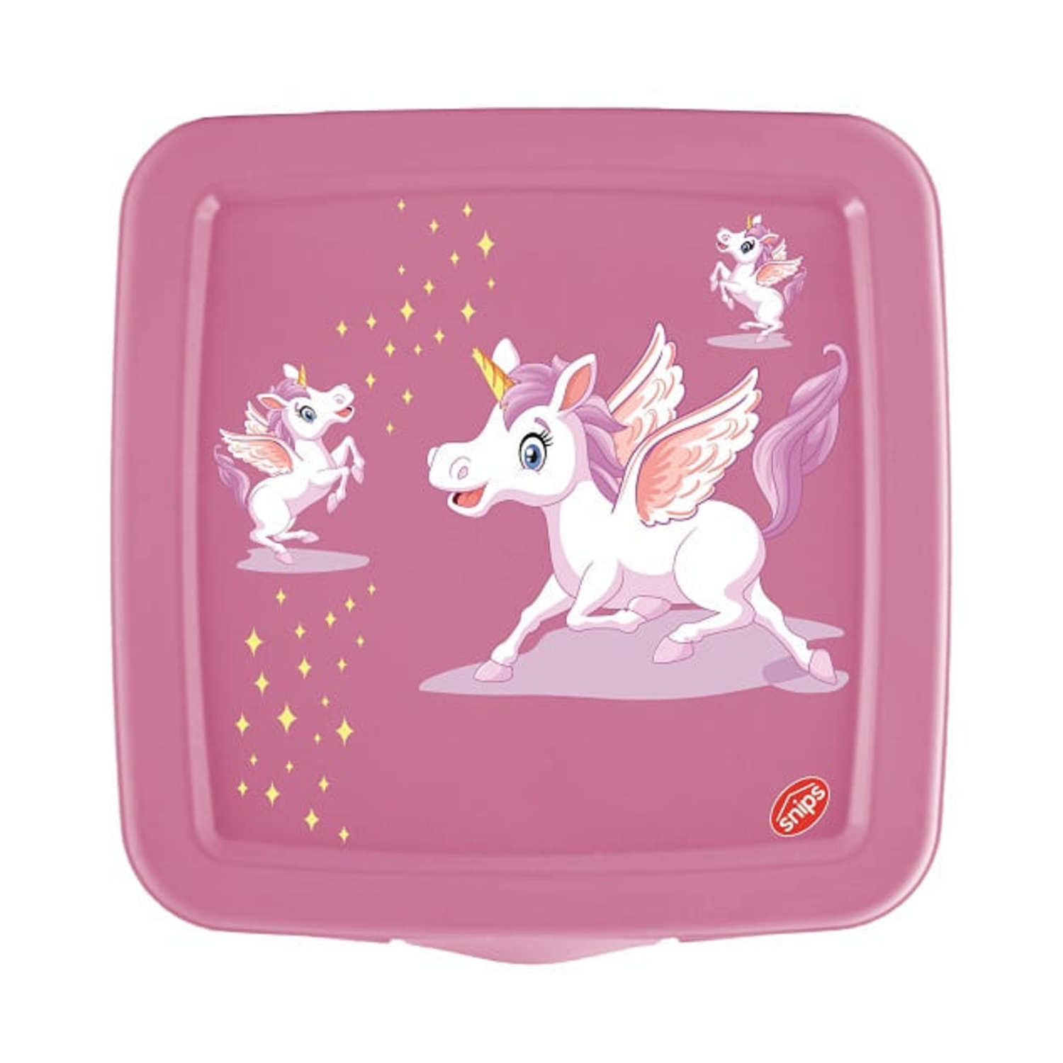 Portapranzo rosa con illustrazioni di unicorni. Tre unicorni con ali, corna d'oro e stelle su sfondo rosa.