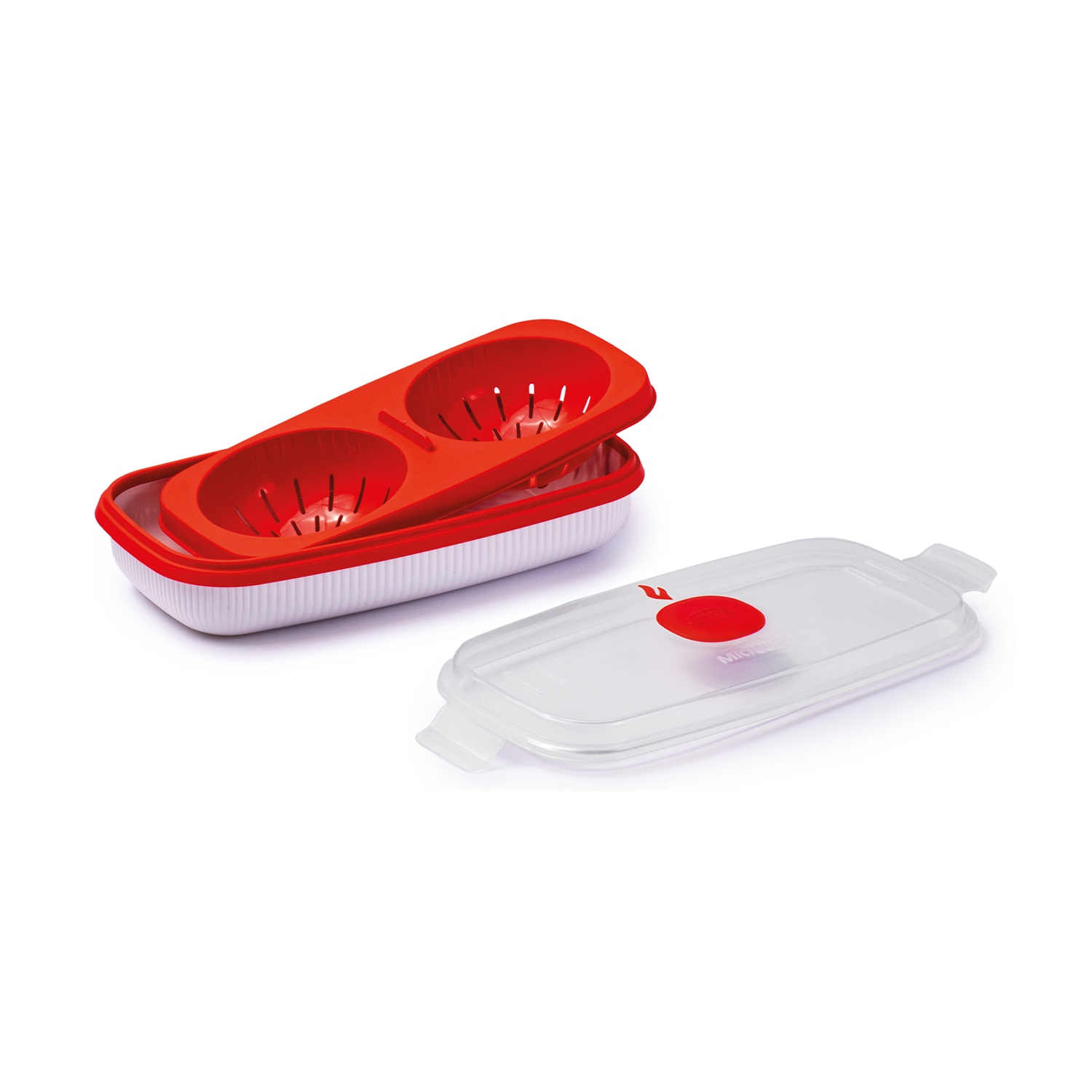 Contenitore per alimenti per microonde rosso e bianco con coperchio trasparente. Il contenitore ha due scolapasta rossi all'interno.