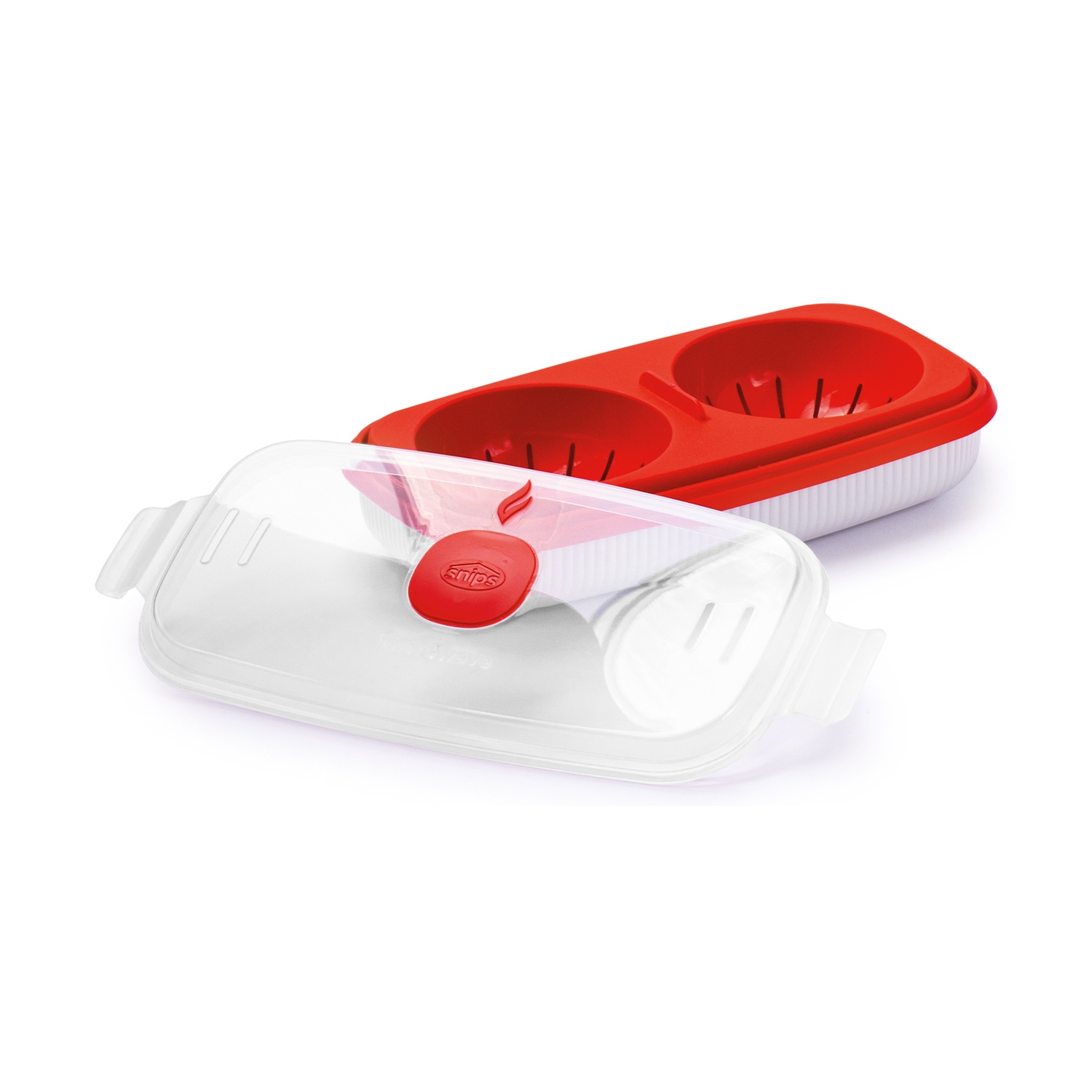 Un contenitore per alimenti per microonde rosso e bianco con coperchio trasparente. Il contenitore ha due scomparti e il coperchio è parzialmente aperto.