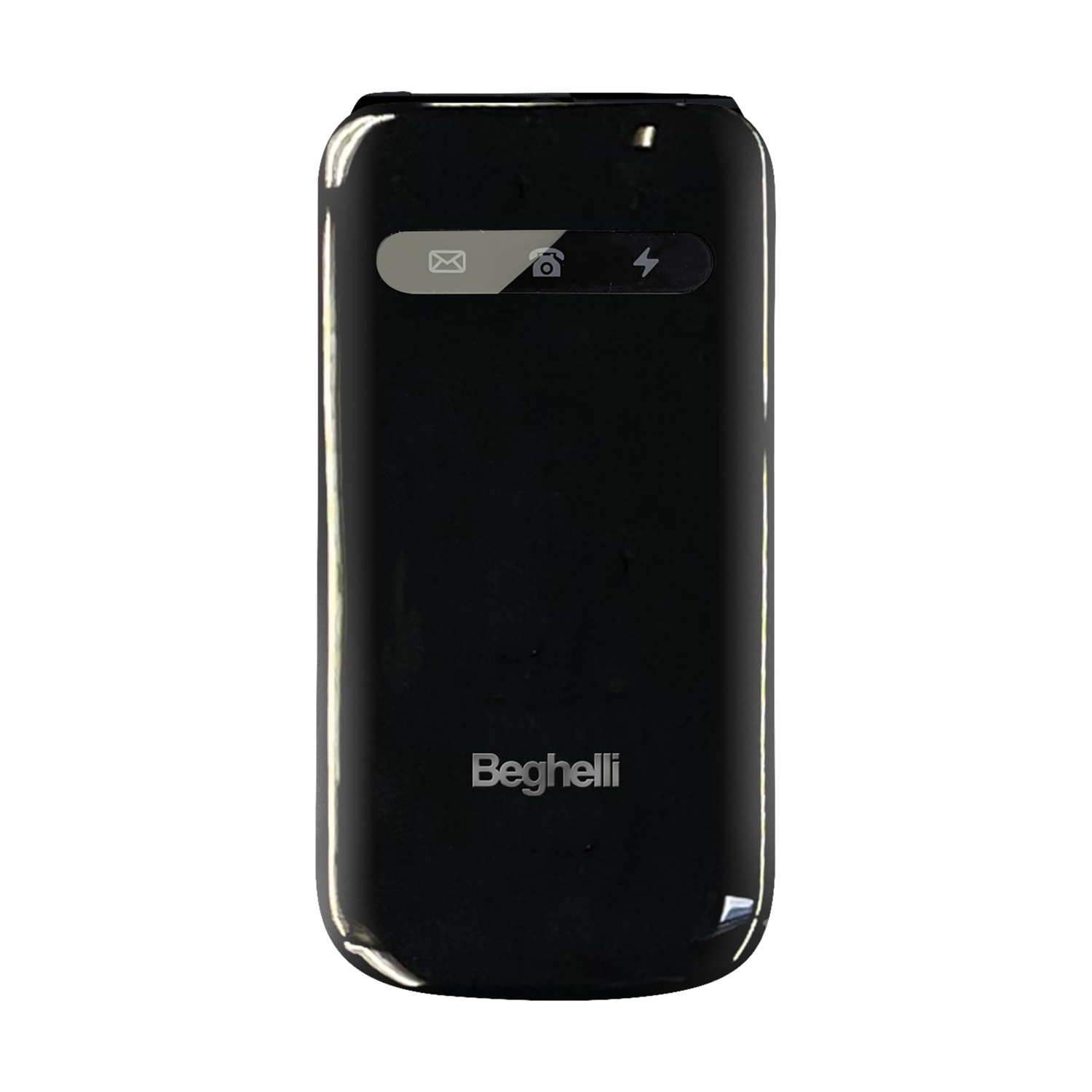 Un dispositivo Beghelli nero con schermo, icone e logo. Ha un'icona e-mail, fotocamera e batteria.