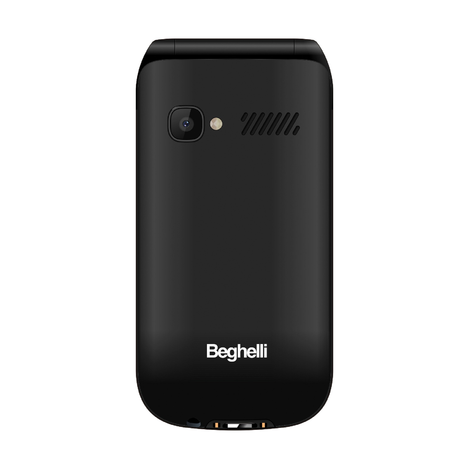 Un telefono a conchiglia nero, marca Beghelli. Ha una fotocamera, un altoparlante e un logo. Il telefono è chiuso.