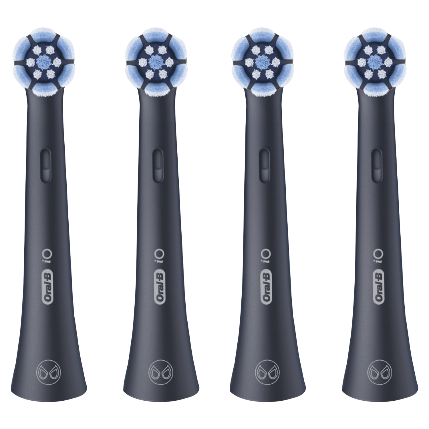 Cuatro cabezales de cepillo de dientes Oral-B iO azul oscuro. Cada uno tiene un cabezal circular con cerdas azules y blancas. El fondo es blanco.