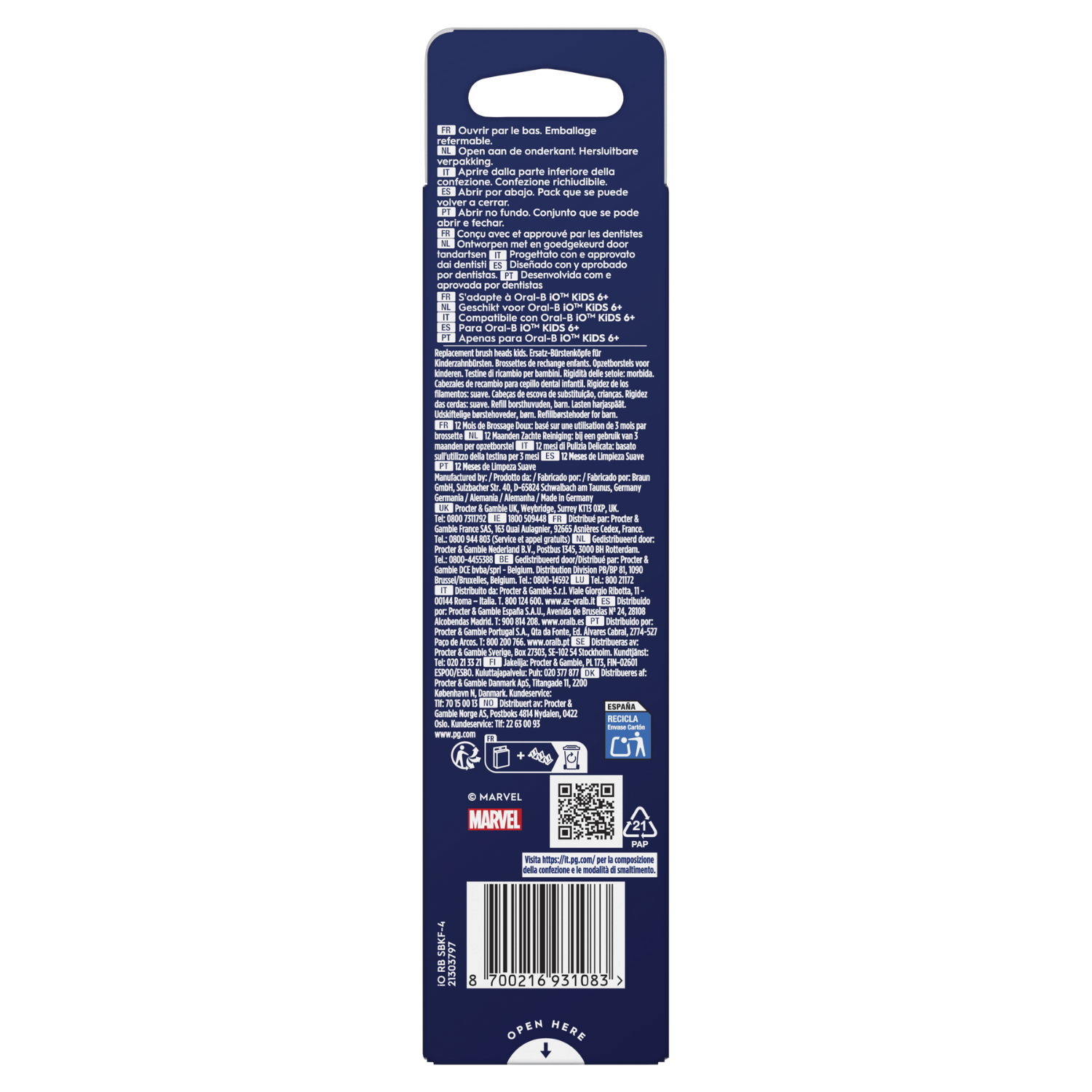 Caja azul y blanca. Texto incluye información del producto, logo Marvel y símbolos de reciclaje. Código de barras.