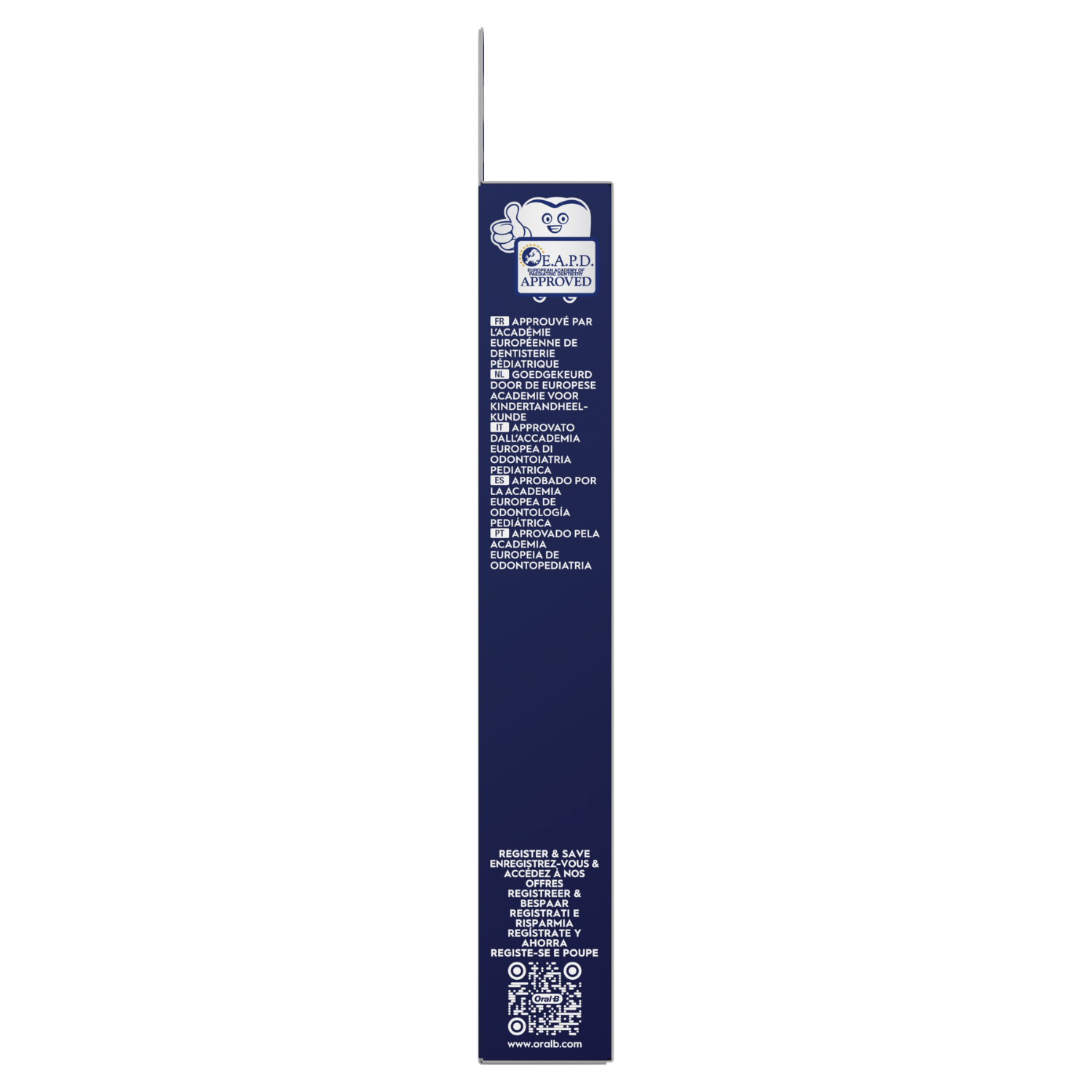 Caja azul oscuro con texto blanco y logotipos, incluyendo 'E.A.P.D. APPROVED' y un código QR, promocionando Oral-B.