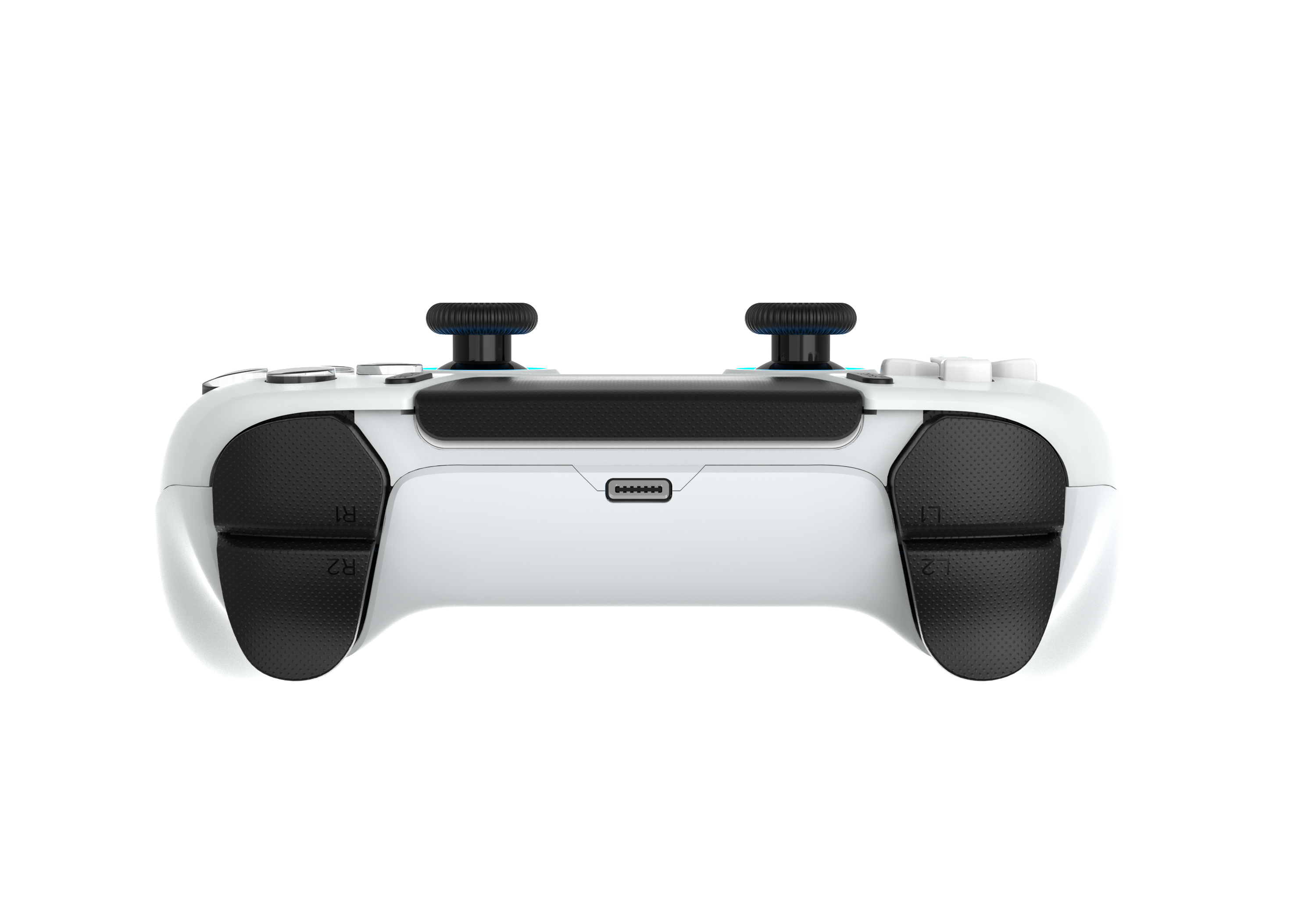 Ein weißer Gamecontroller mit schwarzen Joysticks und Griffen, Knöpfen und einem USB-Anschluss, isoliert auf Weiß.