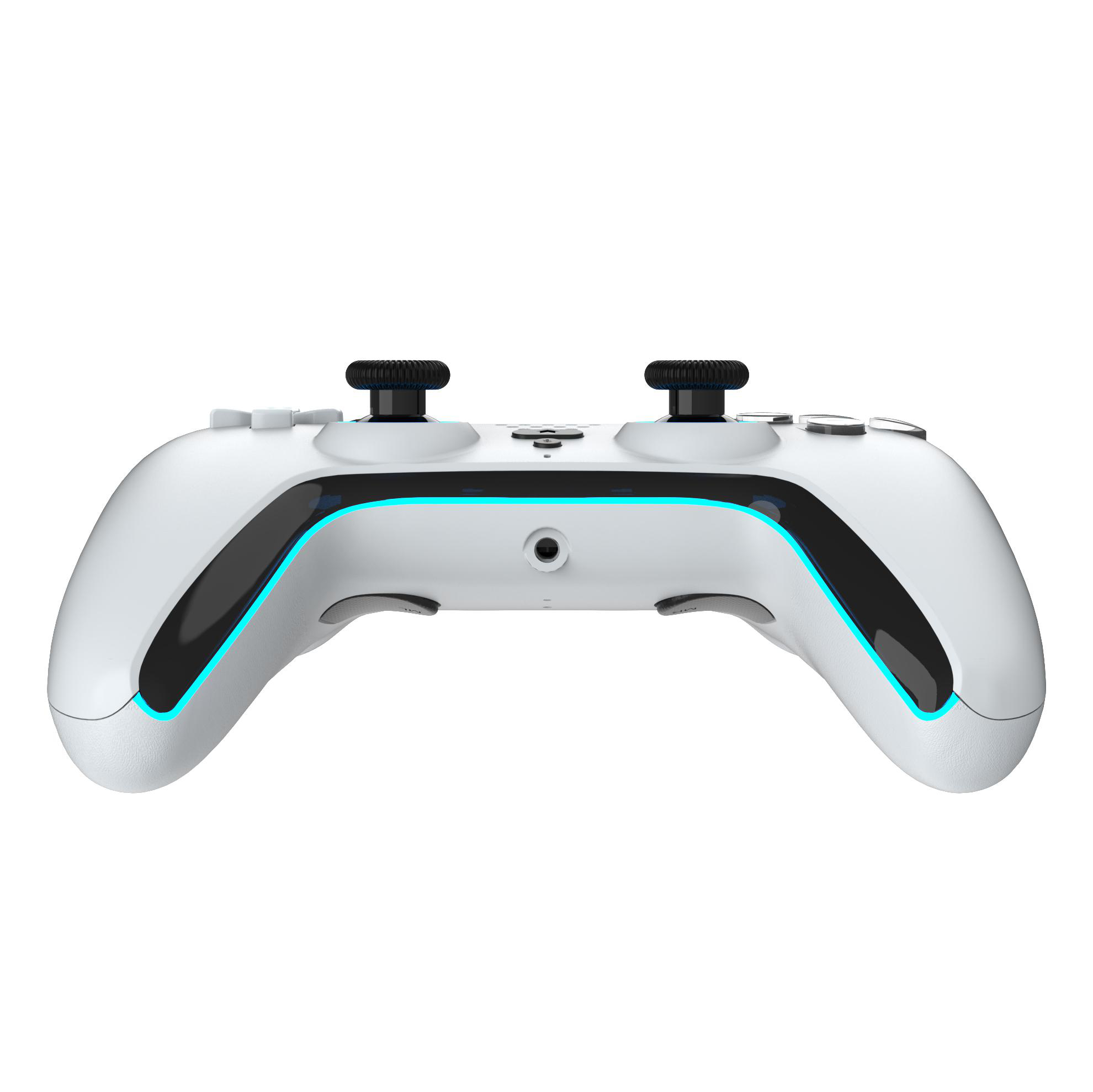Ein weißer Gamecontroller mit schwarzen Akzenten und zwei Joysticks. Er hat einen blauen Lichtstreifen an den Seiten.