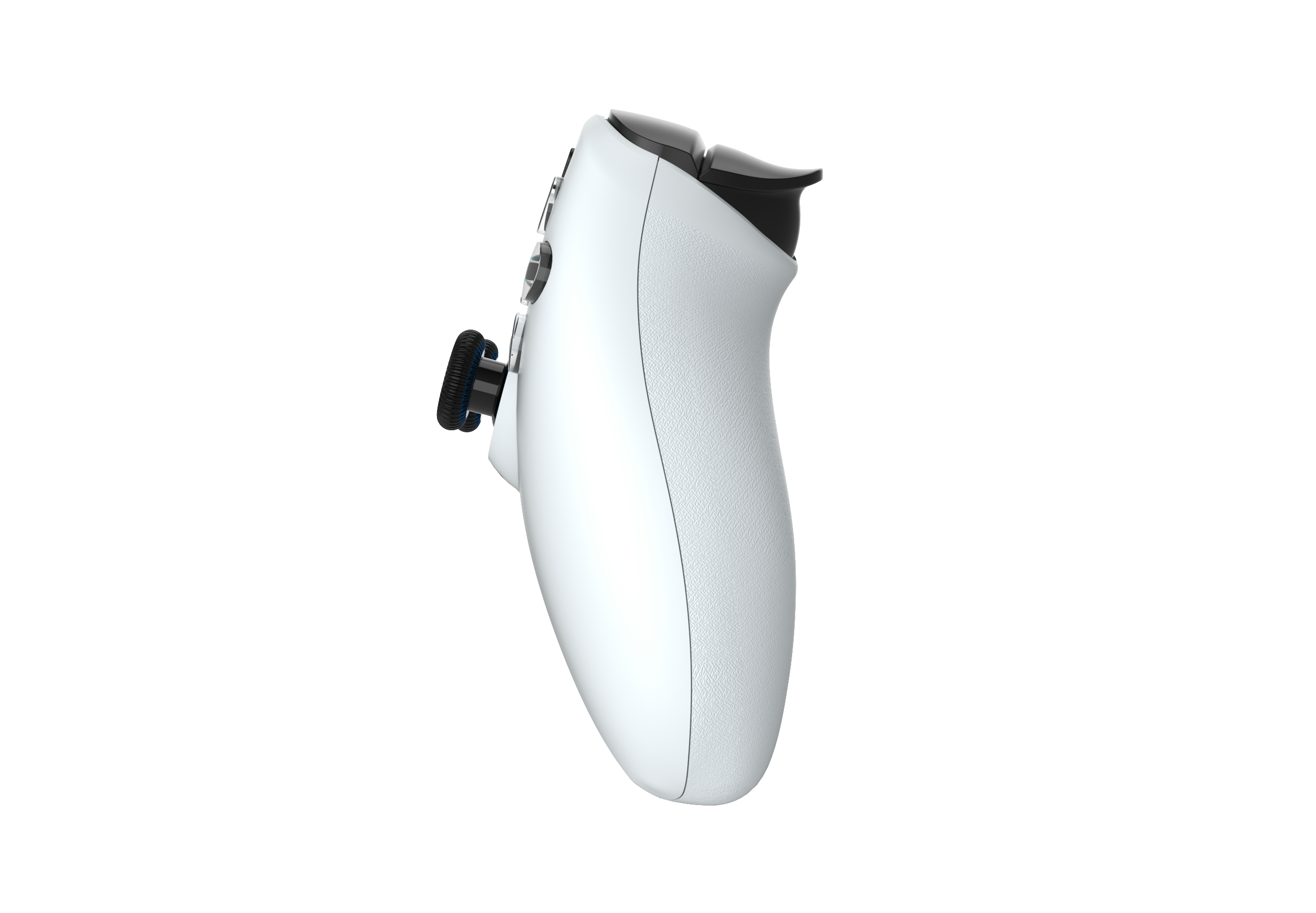 Ein weißer Gamecontroller mit schwarzen Akzenten wird von der Seite auf weißem Hintergrund gezeigt.