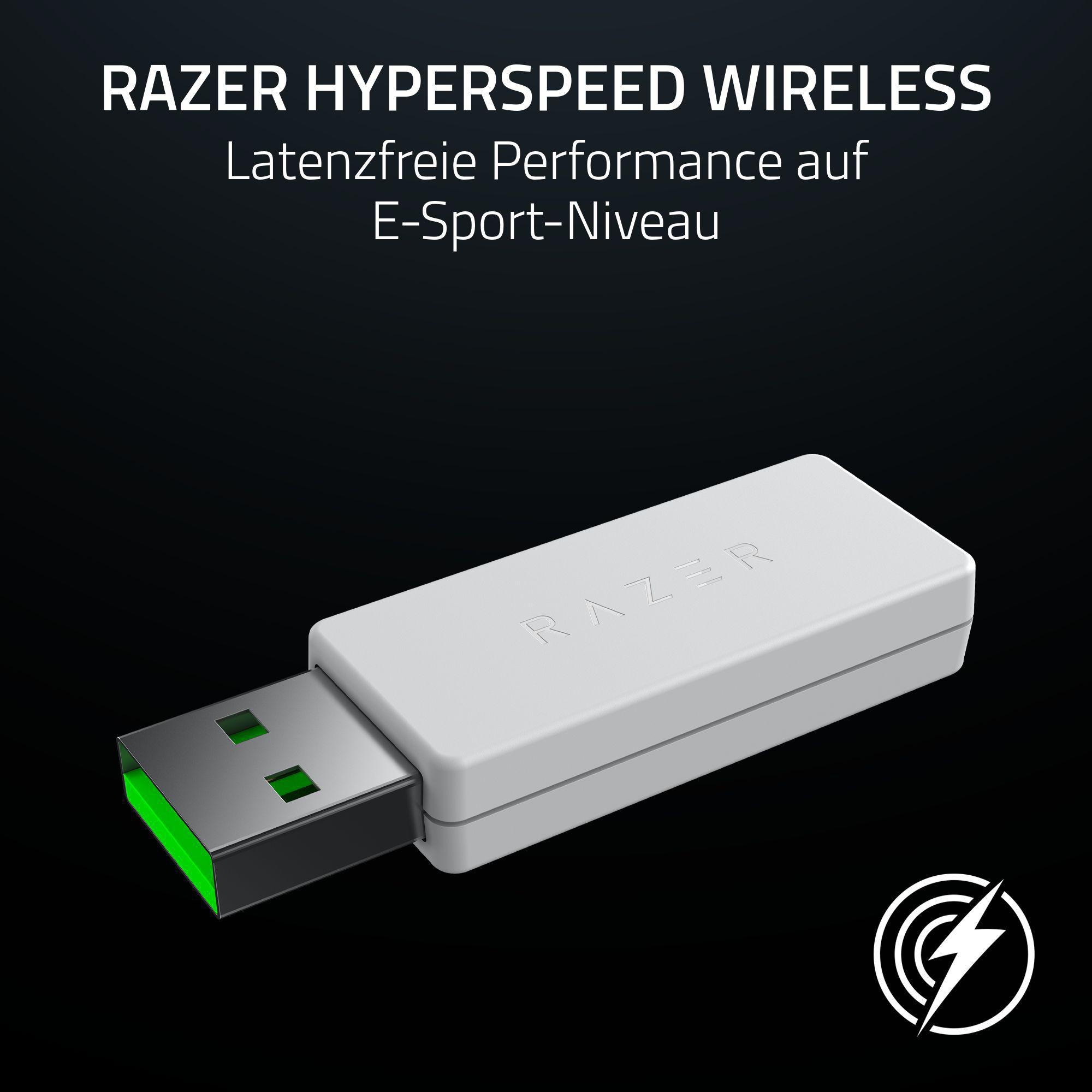 Ein weißer Razer HyperSpeed Wireless USB-Dongle mit grünem Inneren. Razer-Logo oben, schwarzer Hintergrund.