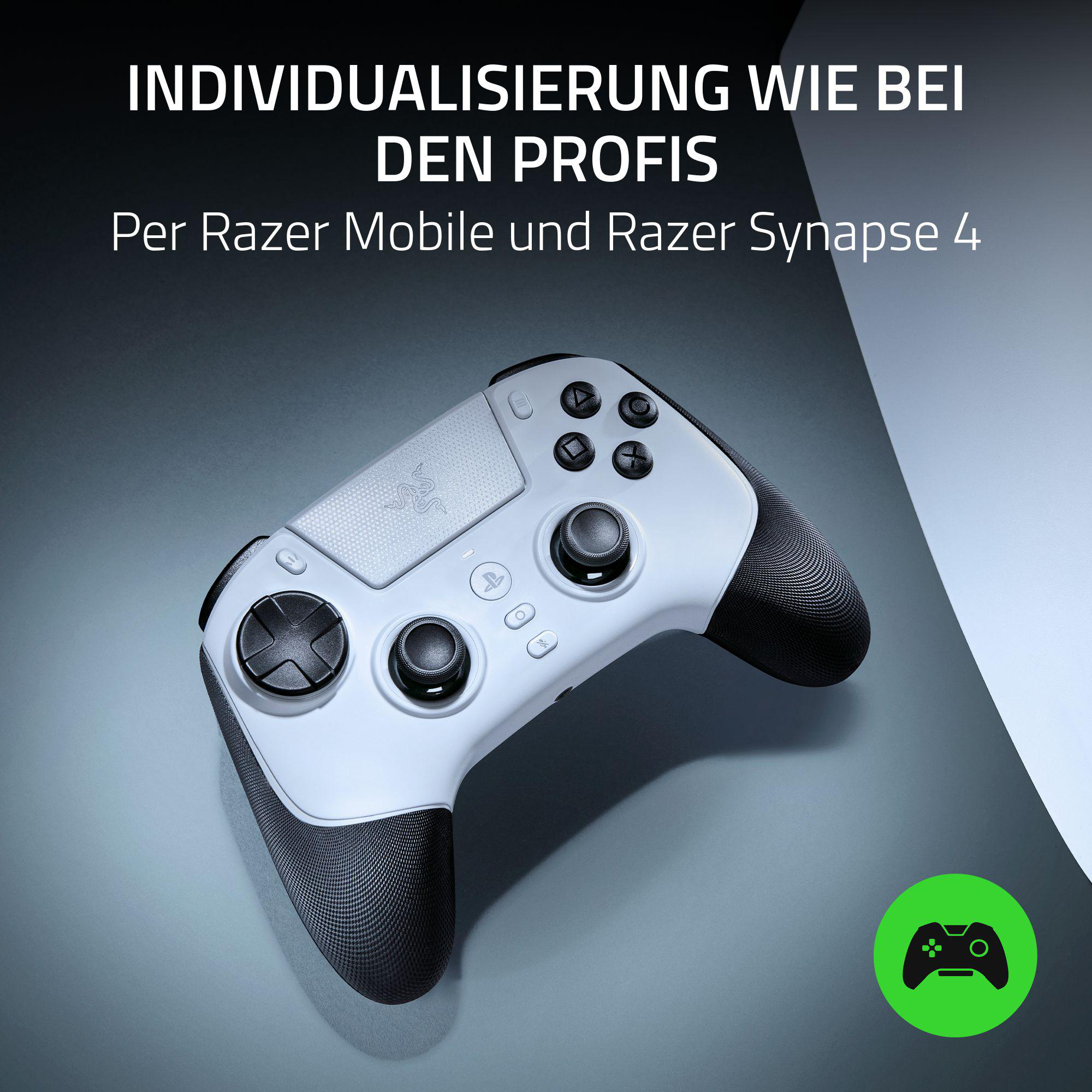 Ein weißer Razer-Controller mit schwarzen Akzenten auf grauem Hintergrund, ein grünes Spielsymbol rechts unten.