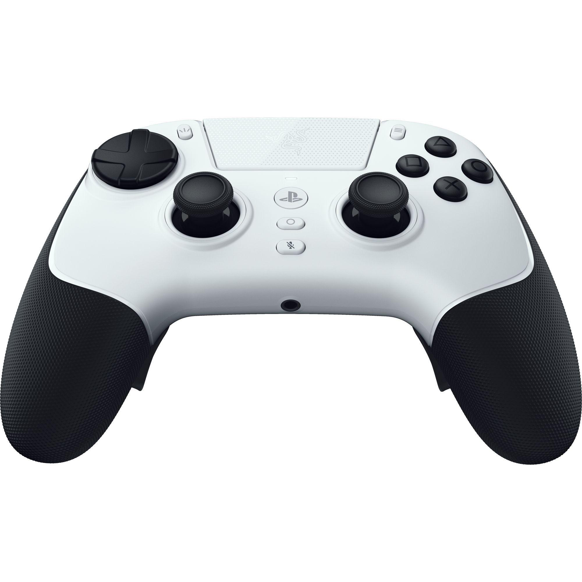 Ein weiß-schwarzer Gamecontroller mit Knöpfen, Joysticks und dem PlayStation-Logo.