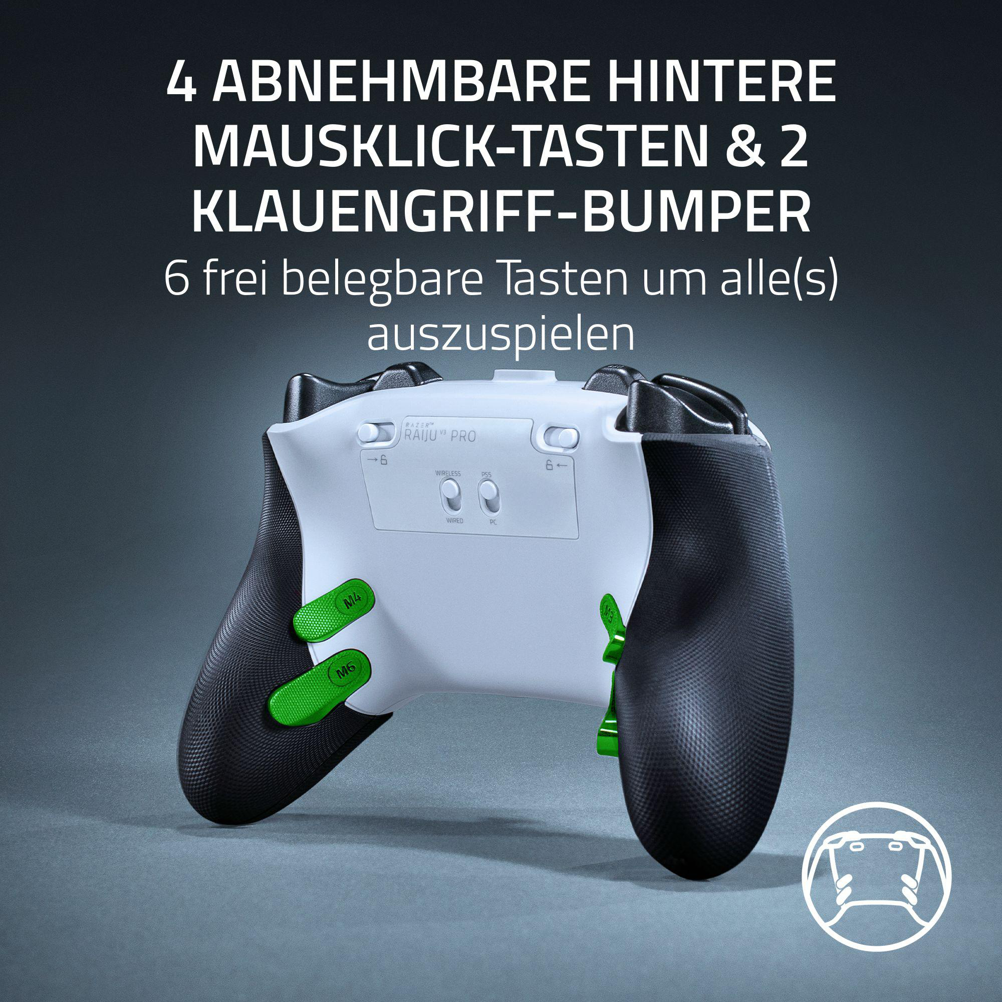 Ein weiß-schwarzer Gamecontroller mit grünen Knöpfen und Text auf Deutsch.