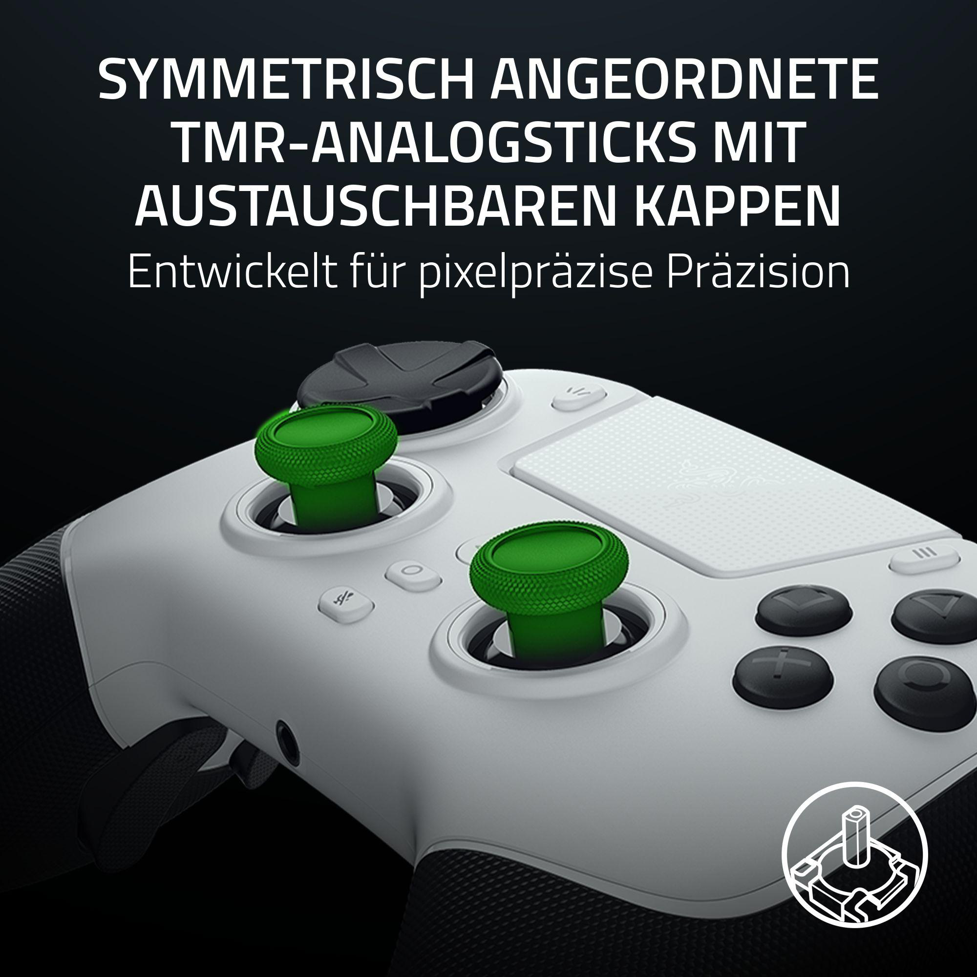 Ein weiß-schwarzer Game-Controller mit grünen Daumensticks. Er ist vor einem dunklen Hintergrund mit Text oben.