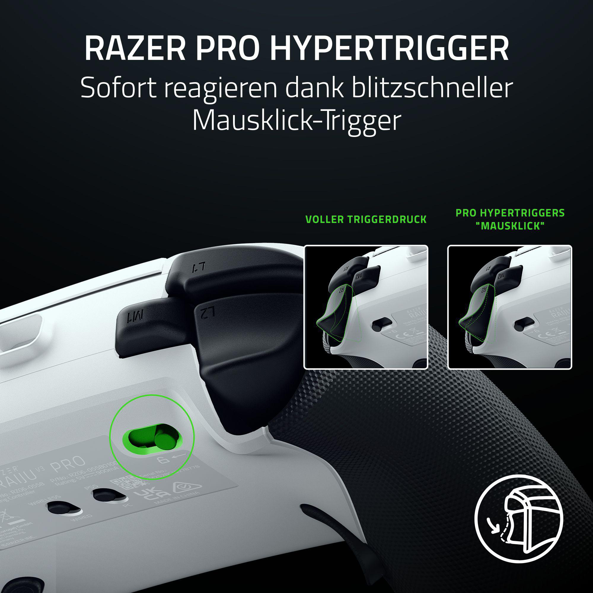 Weißer Razer-Controller mit schwarzen Knöpfen und grünen Akzenten. Text lautet "RAZER PRO HYPERTRIGGER."