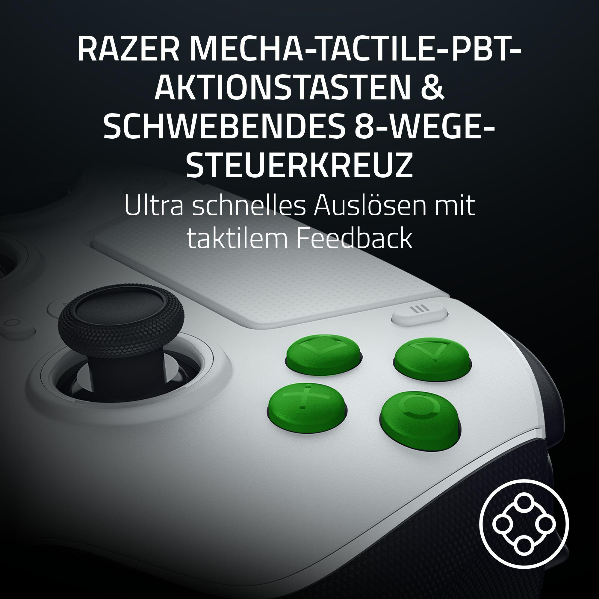 Ein weißer Razer-Gamecontroller mit grünen Knöpfen und einem schwarzen Joystick. Text überlagert auf Deutsch.