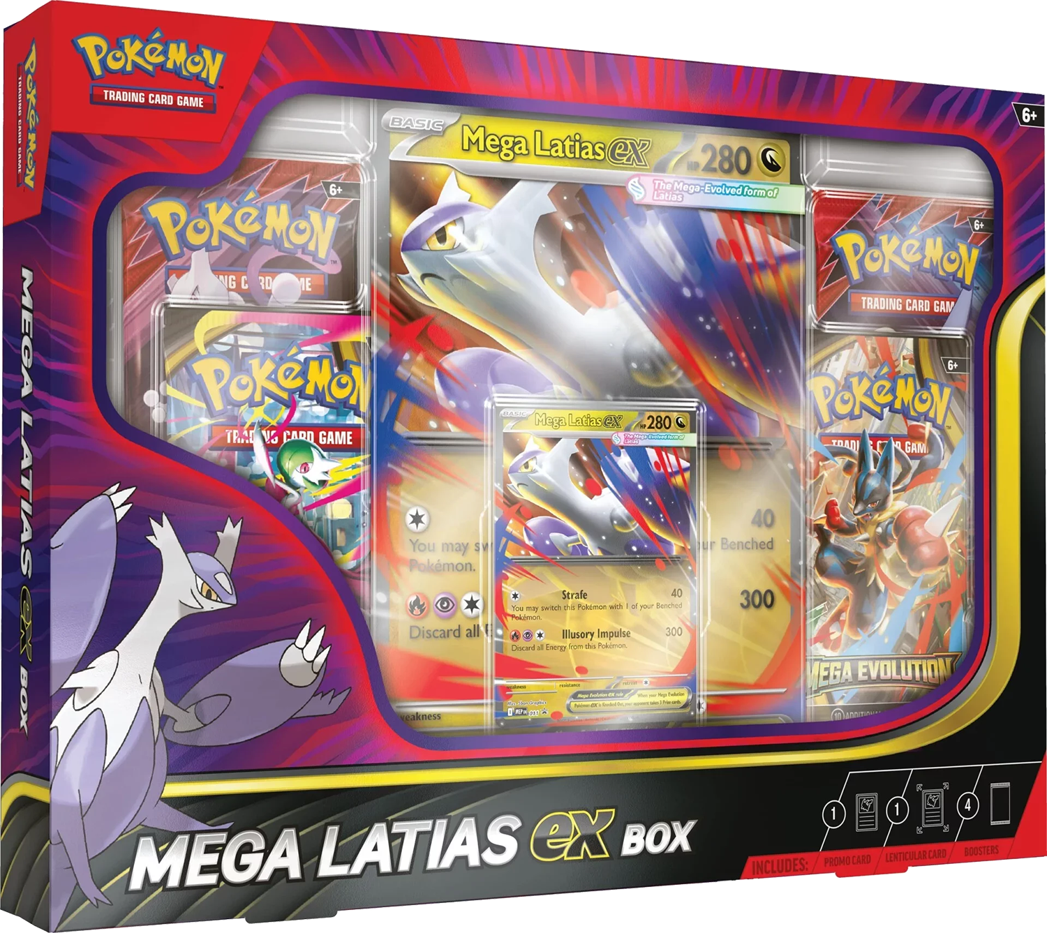 Un coffret Pokemon Mega Latias ex. Il comprend des cartes, des boosters et une carte promo. La boîte présente Latias.