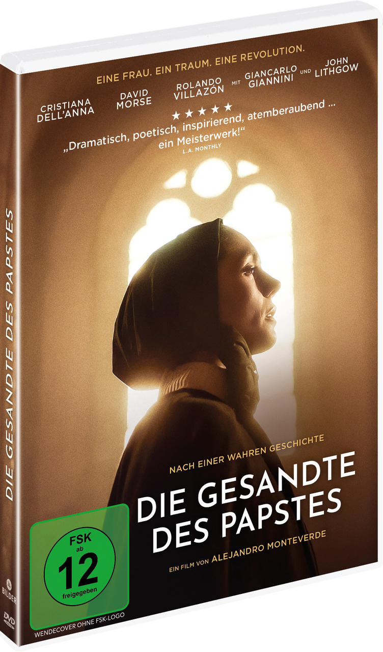 DVD-Cover. Eine Frau mit schwarzer Kapuze blickt nach oben. Titel: Die Gesandte des Papstes. Namen der Schauspieler. FSK 12 Logo.