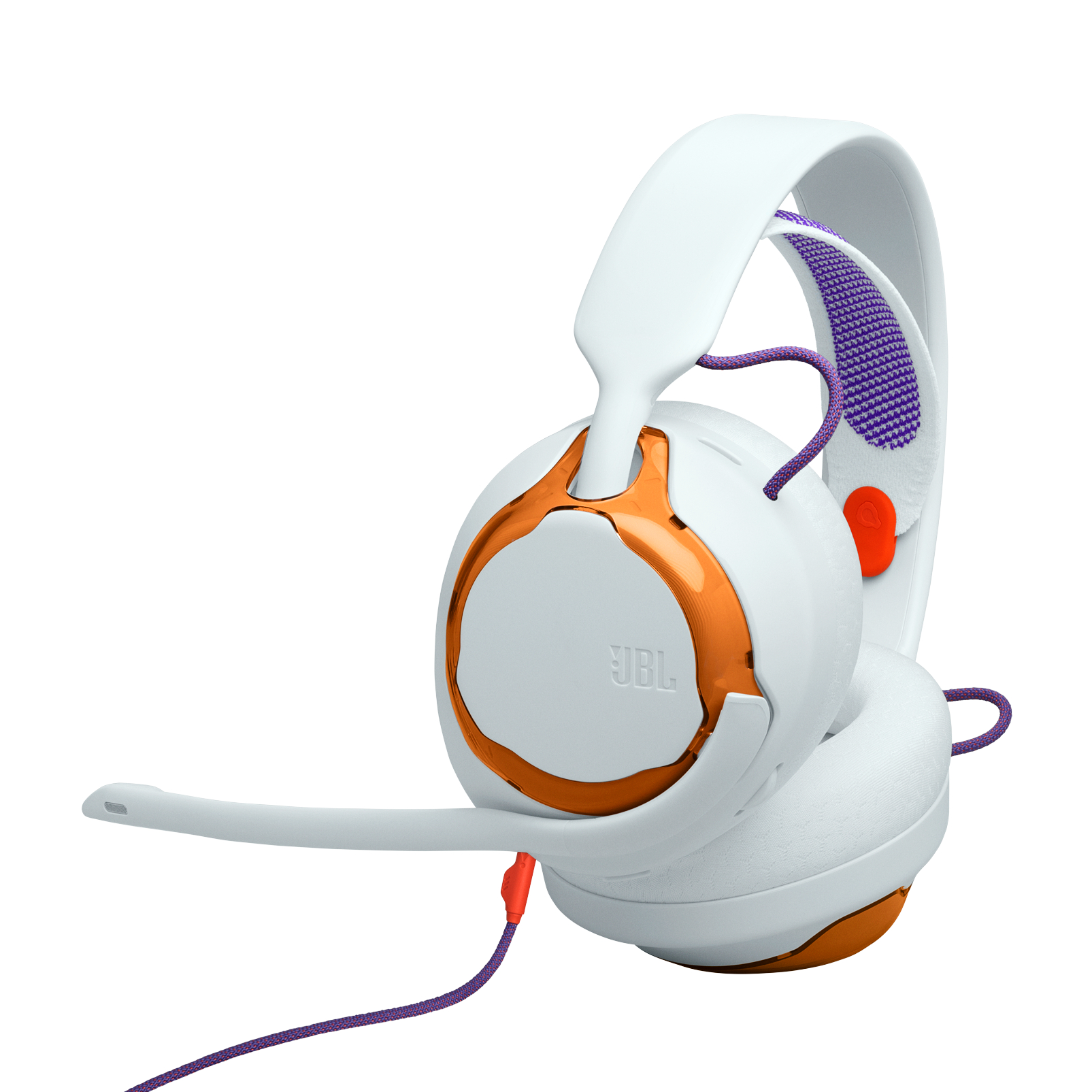 Weißes JBL-Gaming-Headset mit orangefarbenen Akzenten, lila Kabel und Mikrofon. Isoliert auf weißem Hintergrund.