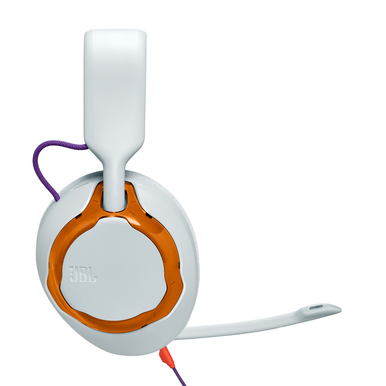 Weiß-oranges JBL-Headset. Lila-oranges Kabel. Mikrofon rechts. Isoliert auf weißem Hintergrund.