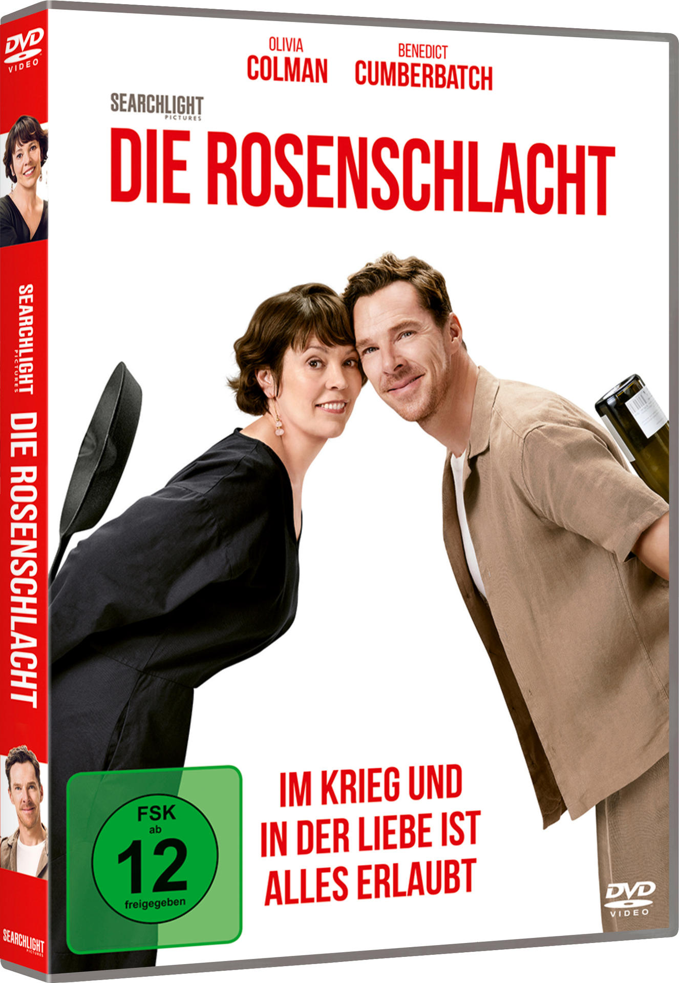 DVD-Cover. Olivia Colman und Benedict Cumberbatch lächeln. Titel: Die Rosenschlacht. Grünes Bewertungsschild. Text: Im Krieg und in der Liebe ist alles erlaubt.