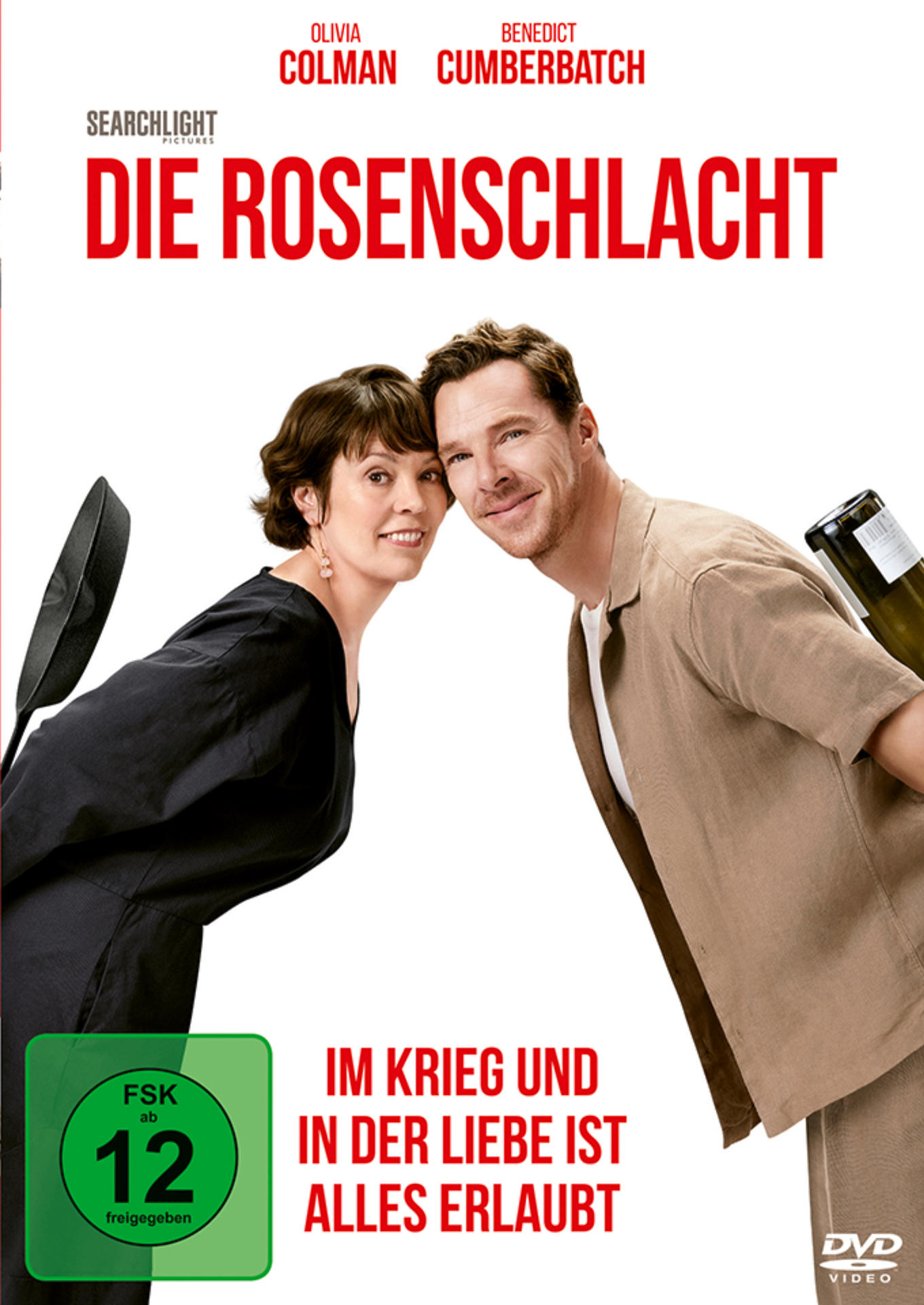 DVD-Cover. Olivia Colman und Benedict Cumberbatch lächeln. Der Titel lautet 'Die Rosenschlacht'. Bewertung: FSK ab 12.