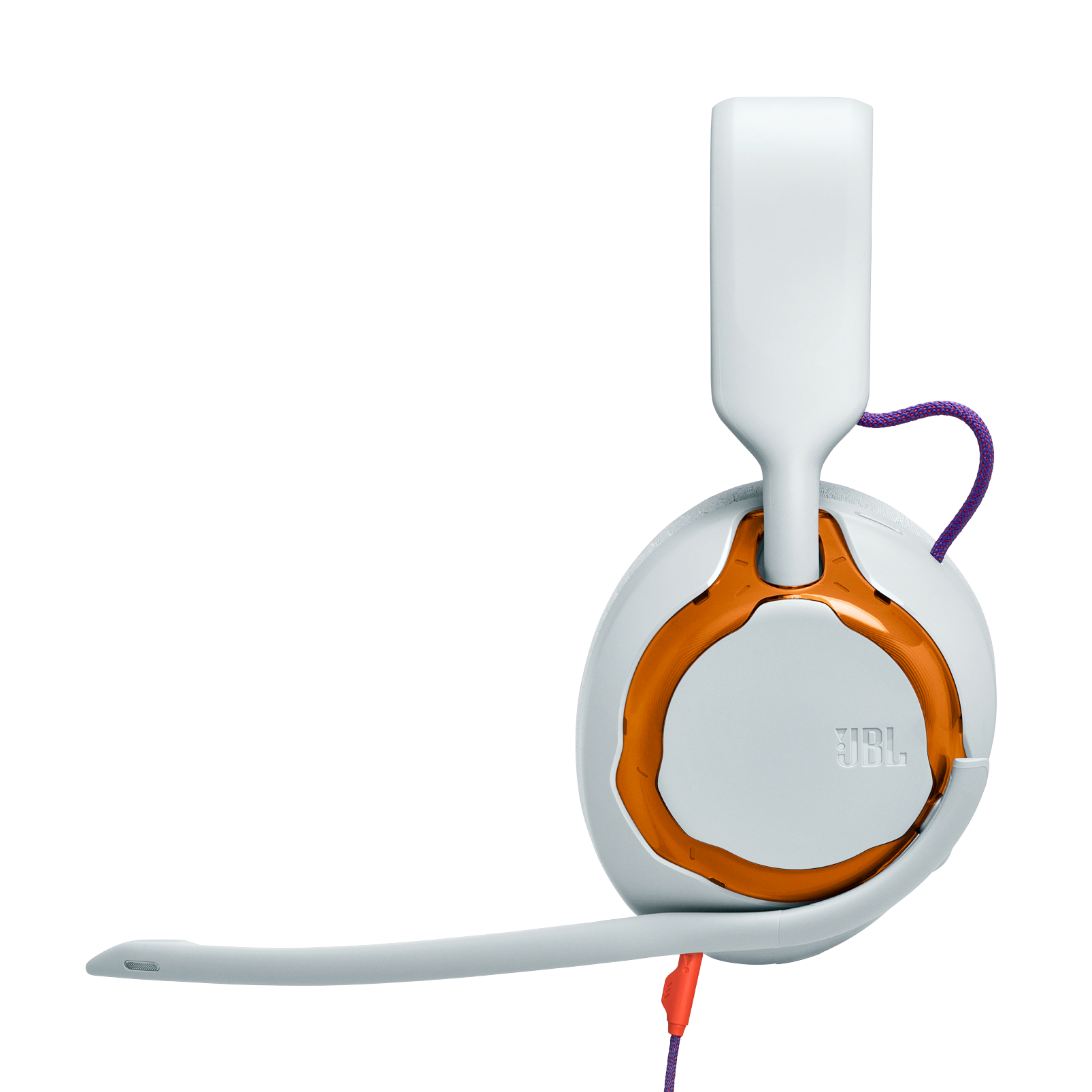 Weiß-oranges JBL-Headset. Es hat ein Mikrofon und lila-orangefarbene Kabel. Der Hintergrund ist weiß.