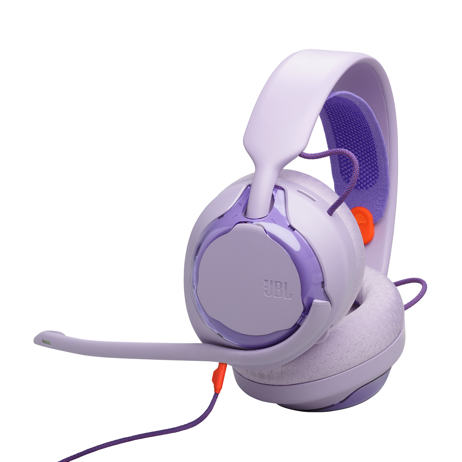 Ein lila JBL Gaming-Headset mit Mikrofon. Es hat ein gepolstertes Kopfband und Ohrmuscheln. Das Kabel ist lila und orange.