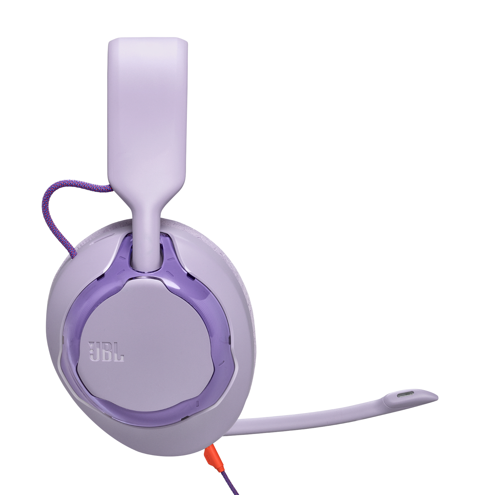 Ein lila JBL-Gaming-Headset mit Mikrofon. Das Design ist modern mit hellen und dunklen lila Akzenten.