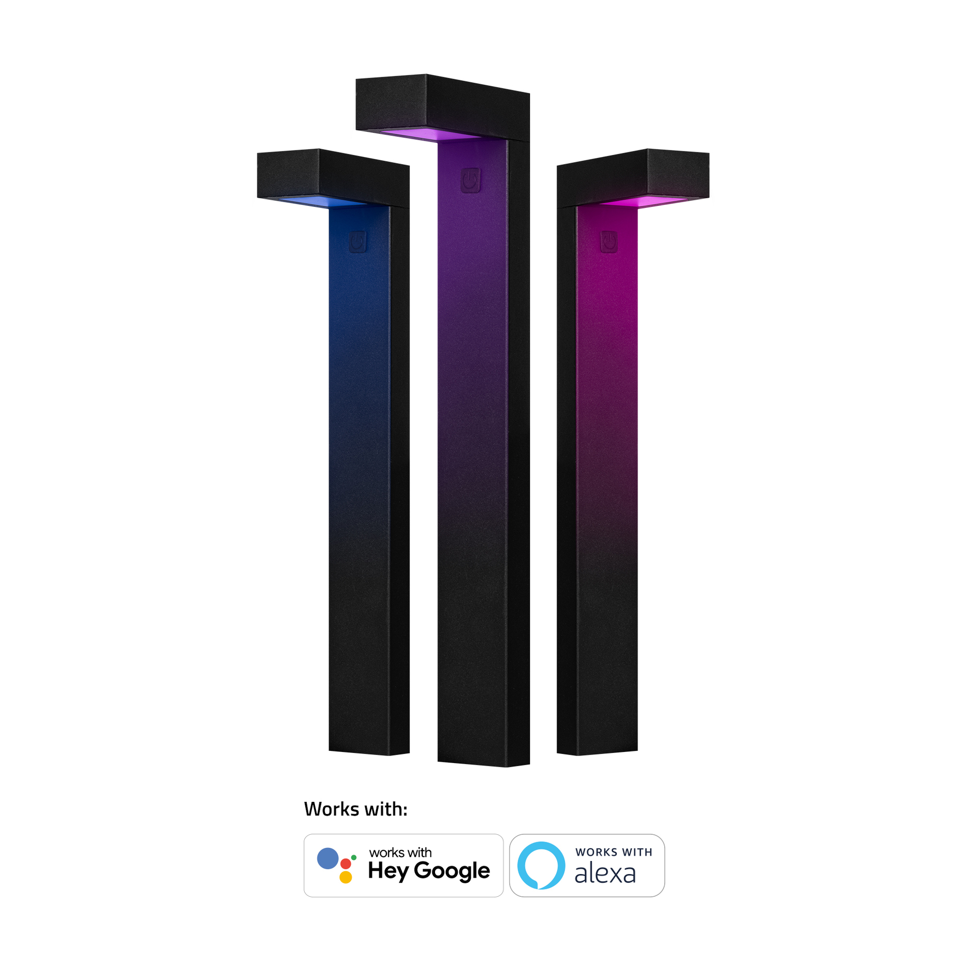 Drei schwarze, moderne Außenleuchten mit Farbwechsel. Funktioniert mit Hey Google und Alexa.