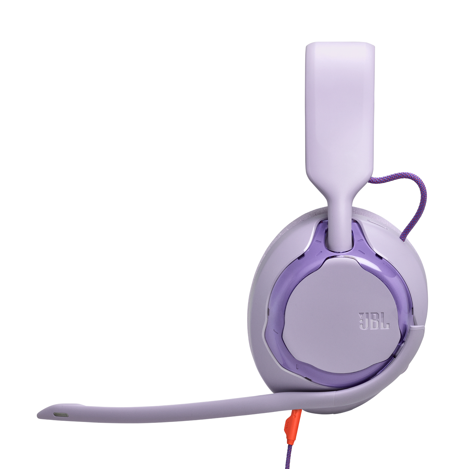 Ein lavendelfarbenes JBL-Gaming-Headset. Das Mikrofon ist ausgezogen. Das Kabel ist am Ende orange und lila.