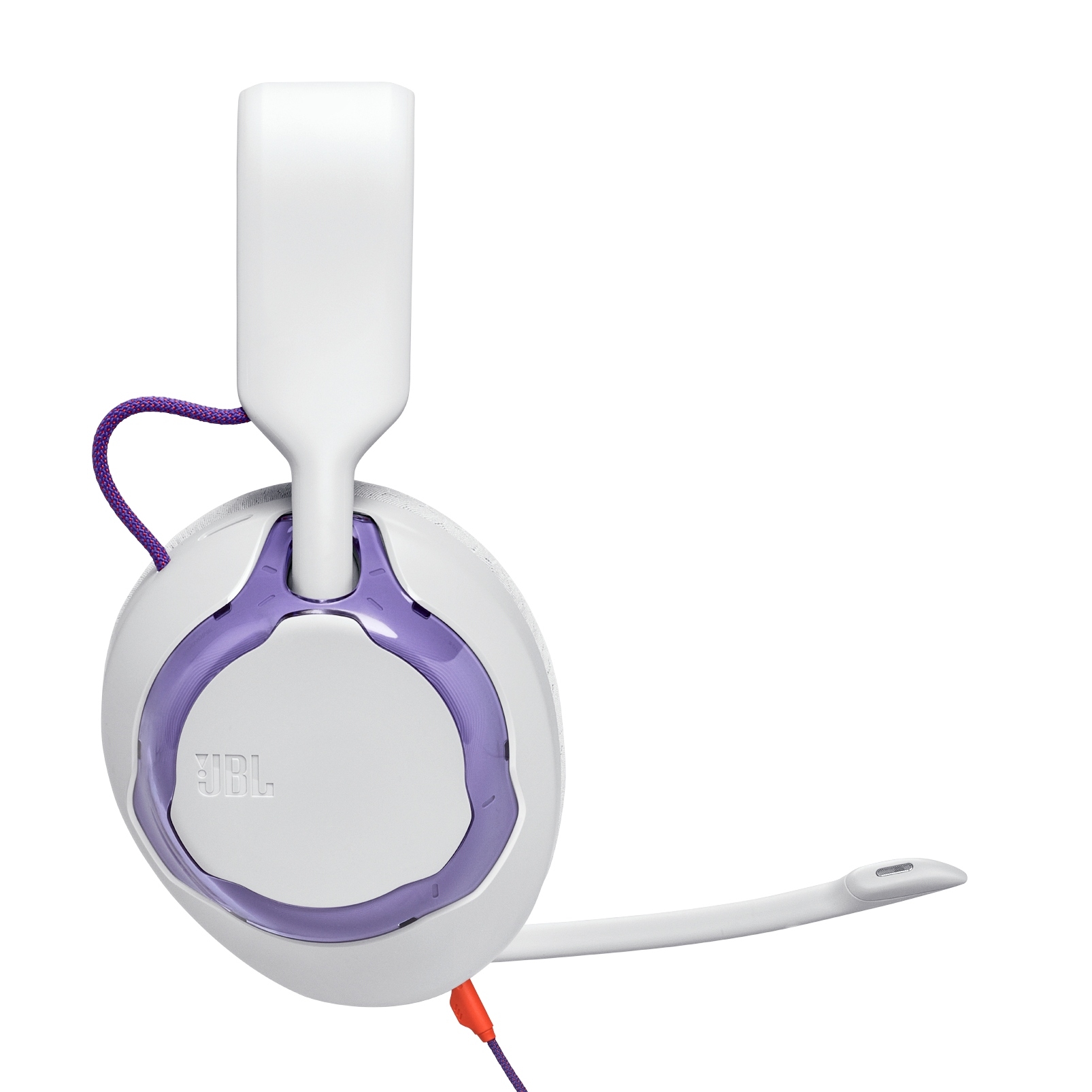 Weißes JBL-Headset mit lila Akzenten. Verfügt über ein Mikrofon und ein lila Kabel. Der Hintergrund ist weiß.