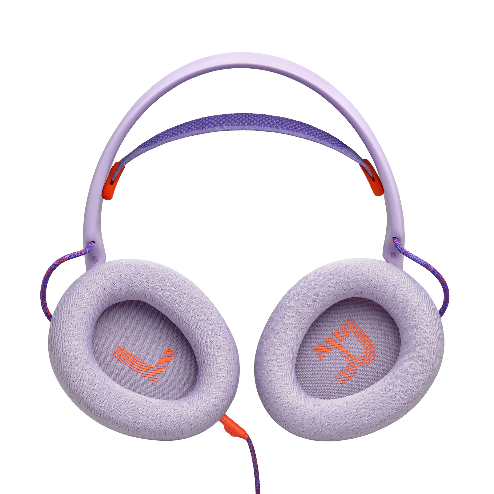 Lavendelfarbene Kopfhörer mit orangefarbenen Akzenten und Buchstaben. Lila Kabel und Kopfband. Isoliert auf weißem Hintergrund.