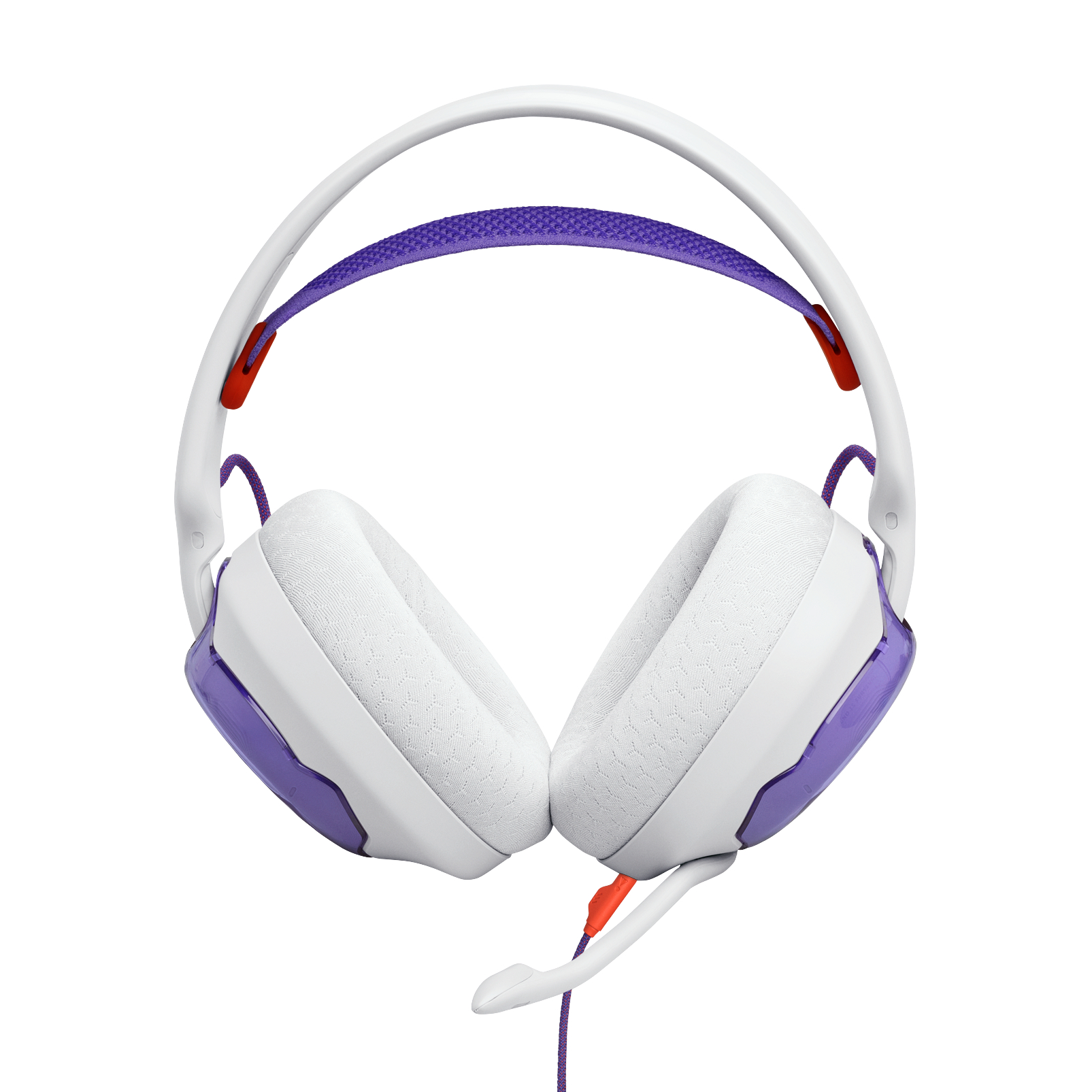 Weiß-lila Gaming-Headset mit weißen Ohrmuscheln, lila Akzenten und einem lila Kopfband. Ein Mikrofon ist angebracht.