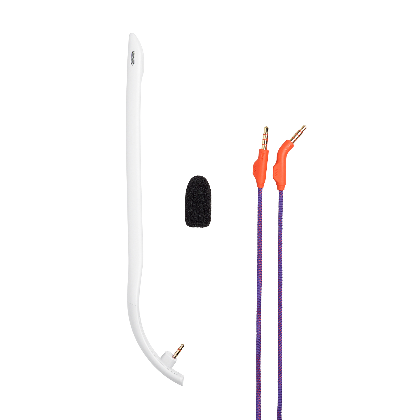 Headset mit weißem Arm, schwarzem Schaumstoff und lila Kabeln mit orangefarbenen Steckern. Alles vor weißem Hintergrund.