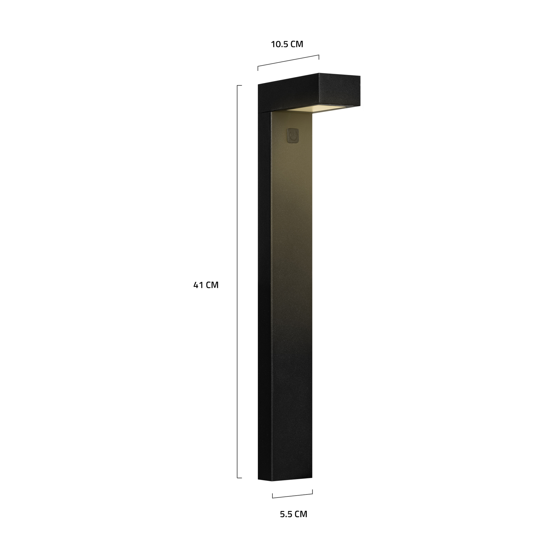 Schwarze Außenlampe. Rechteckiger Pfosten mit Licht oben. Maße: 41 cm Höhe, 10,5 cm Breite, 5,5 cm Tiefe.