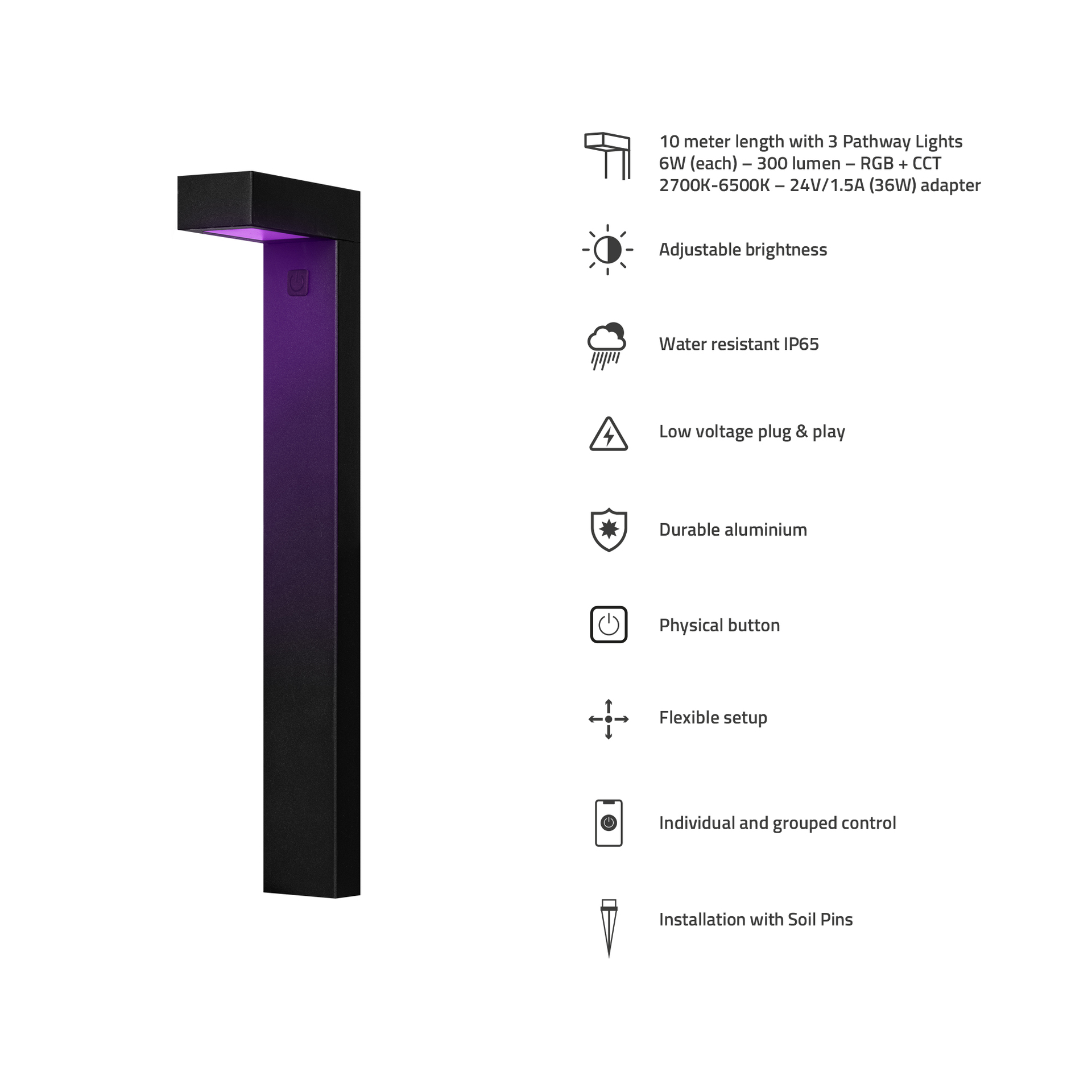 Schwarze Wegbeleuchtung mit violettem Schein. Zu den Merkmalen gehören einstellbare Helligkeit und Wasserdichtigkeit.