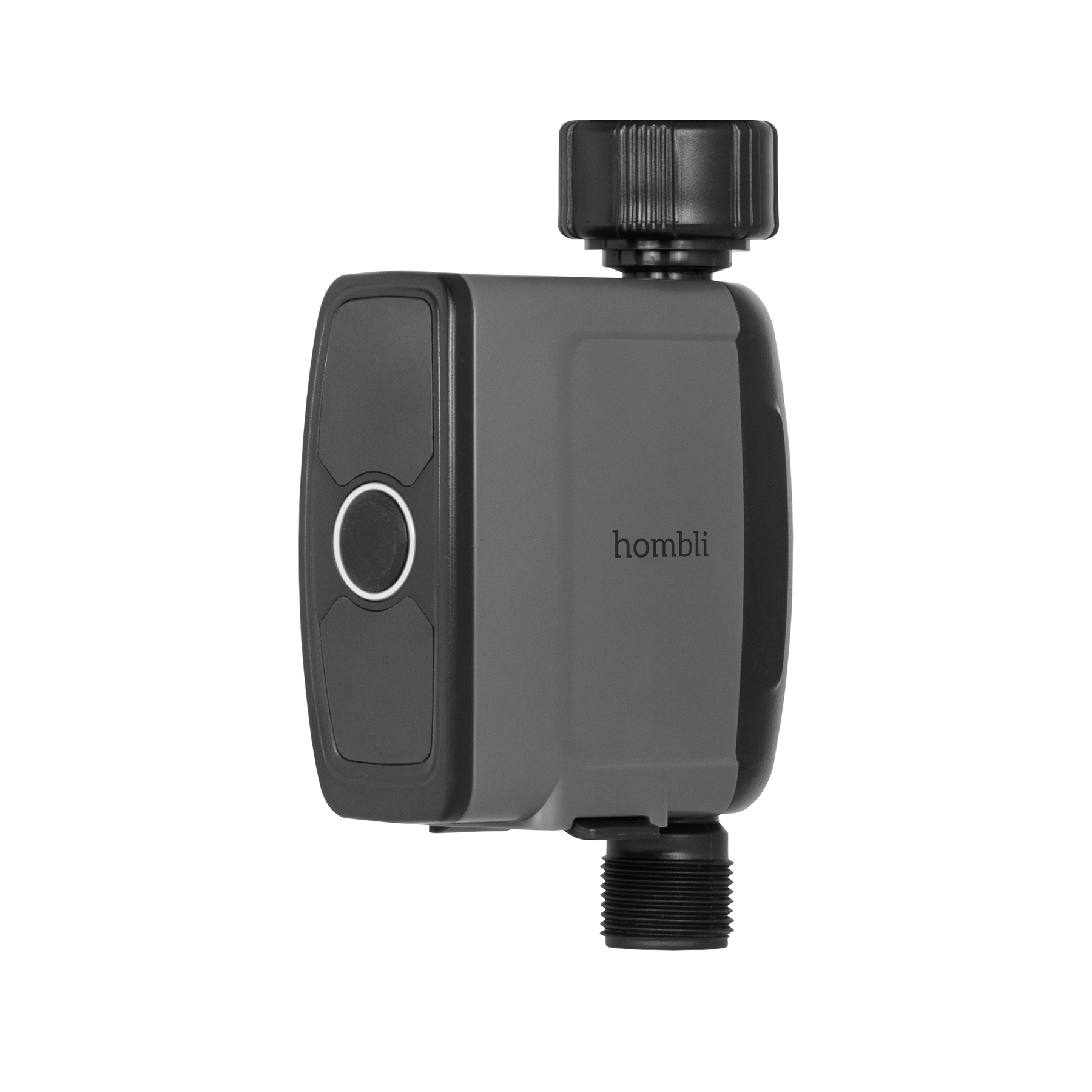 Ein grauer Homli Smart-Bewässerungstimer. Er hat ein schwarzes Zifferblatt, einen Knopf und einen Wasserauslass. Isoliert auf weißem Hintergrund.
