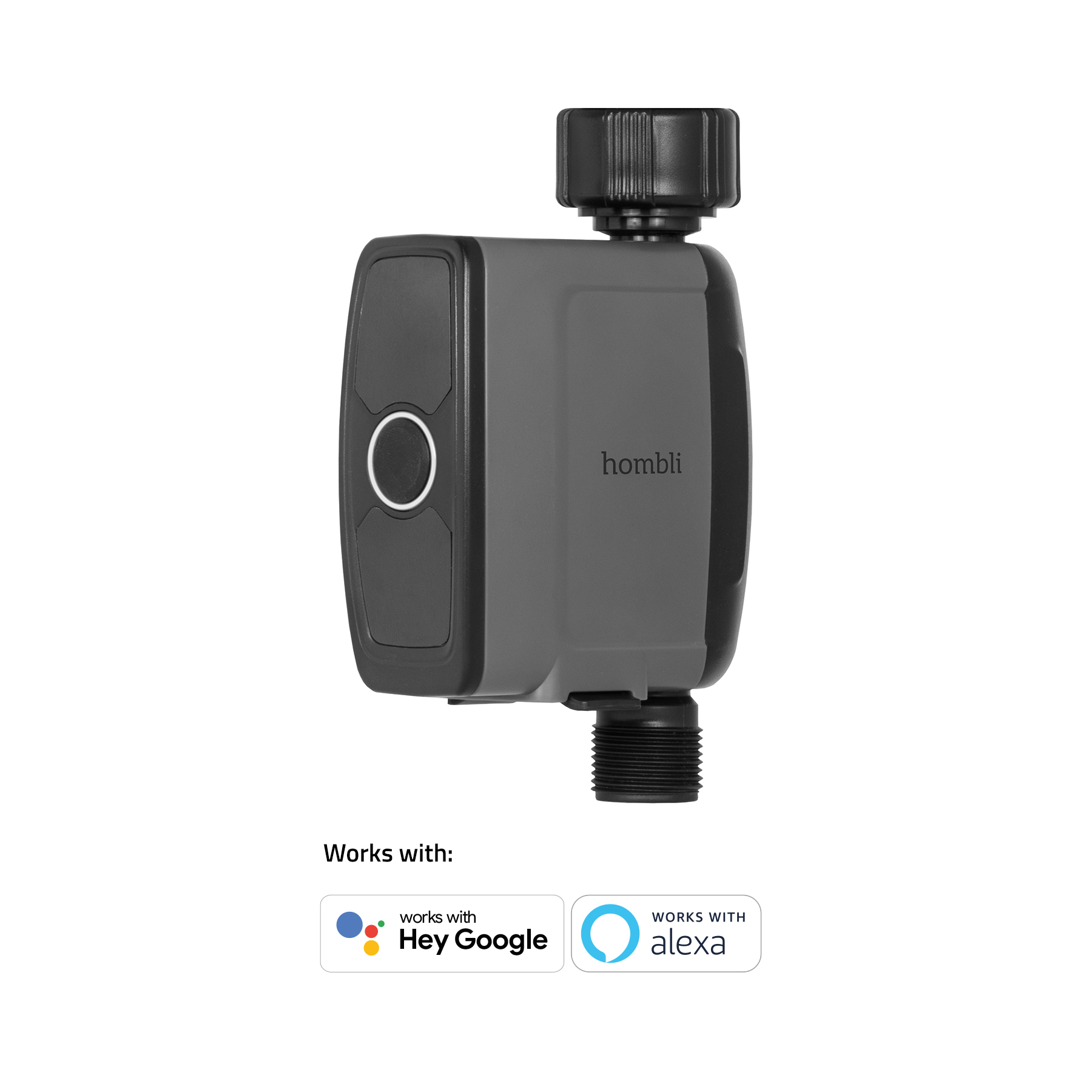 Ein grauer Homli Smart-Bewässerungstimer. Er hat ein schwarzes Zifferblatt, eine schwarze Taste und einen Wasseranschluss. Funktioniert mit Alexa und Hey Google.