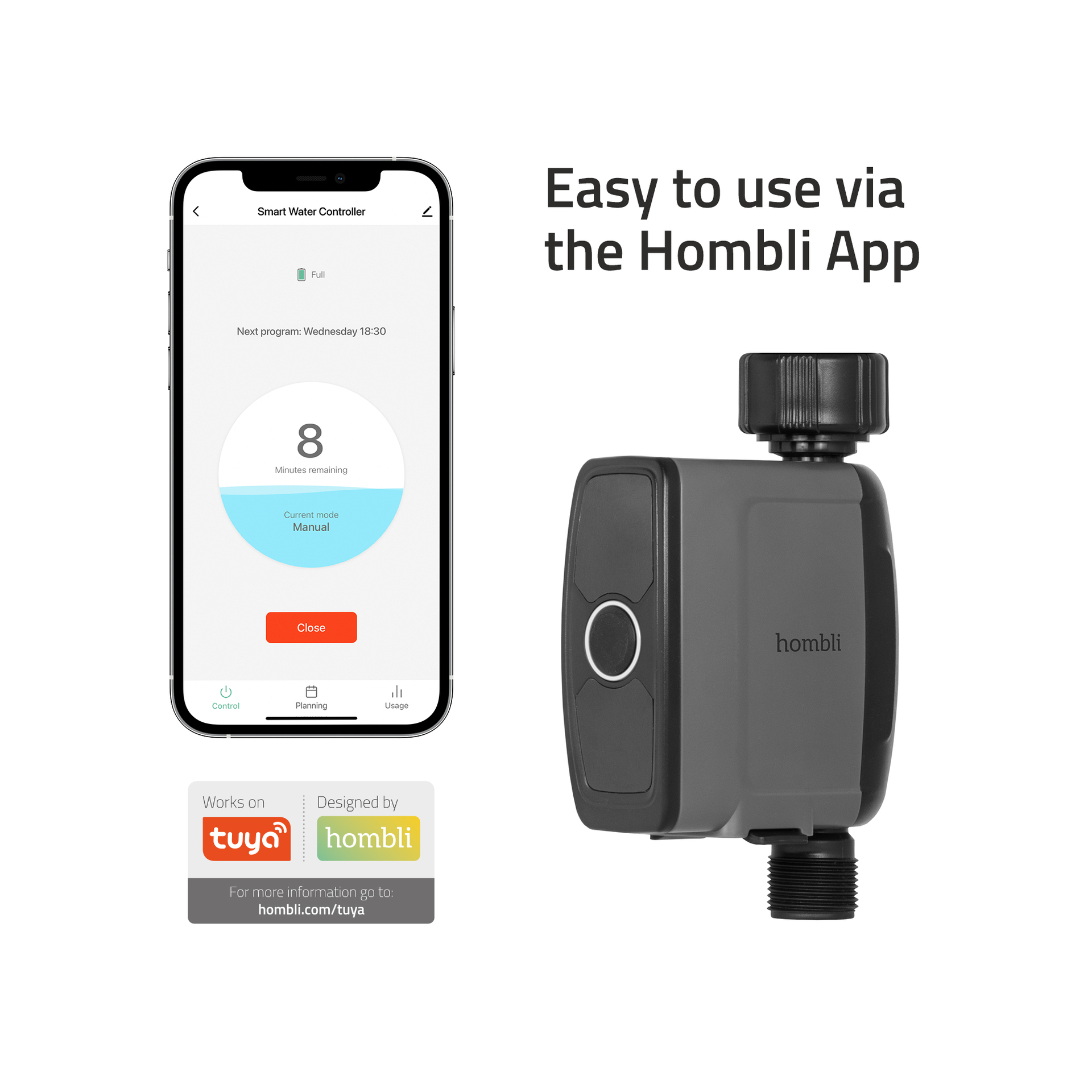 Das Bild zeigt ein Smartphone, das eine Smart-Wassercontroller-App anzeigt, und ein graues Wasserzeitschaltgerät.