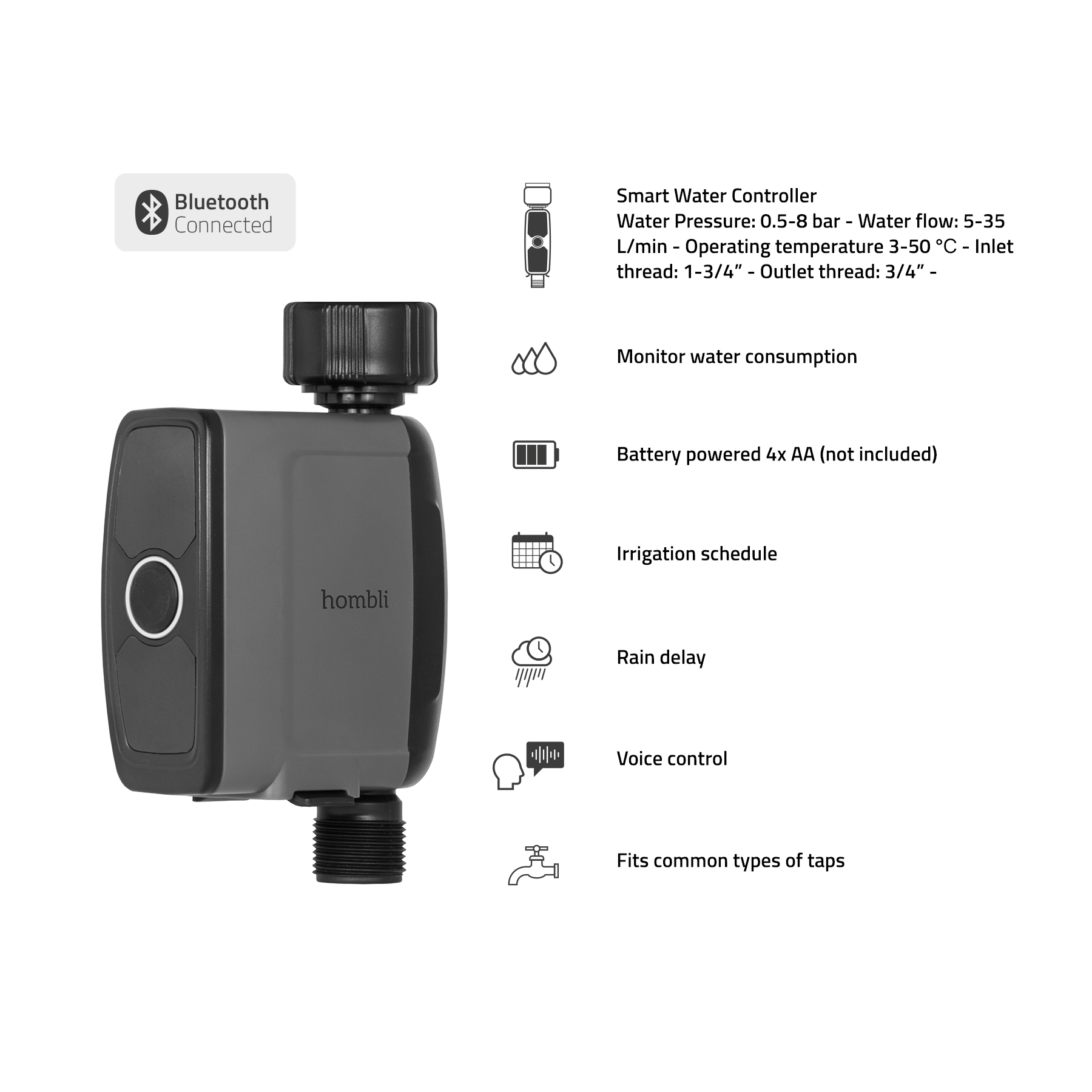 Ein intelligenter Wasserregler, grau und schwarz, über Bluetooth verbunden. Funktionen umfassen Wassermessung und Bewässerungsplanung.