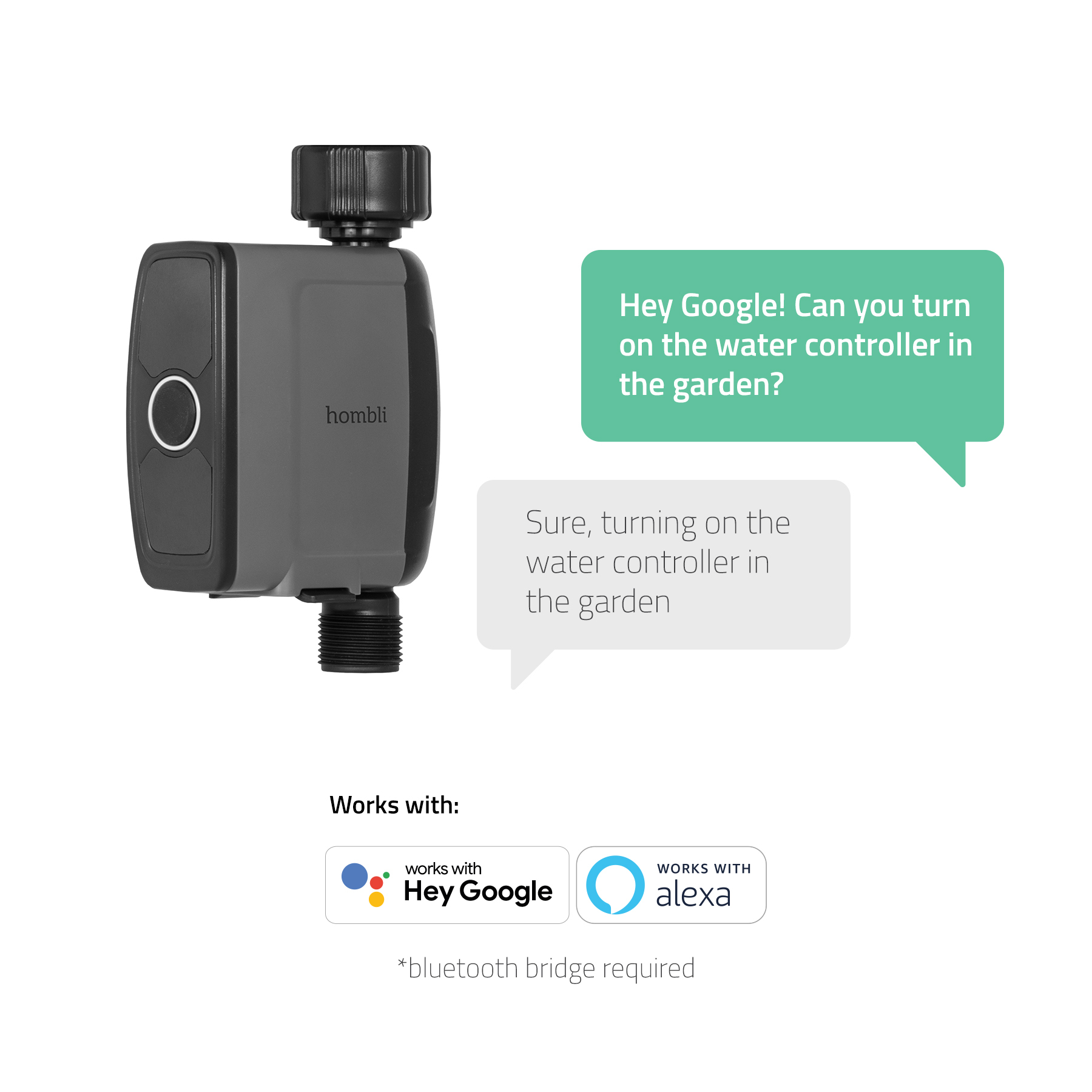 Grauer intelligenter Wasserregler. Textfelder zeigen Google Assistant-Interaktionen. Funktioniert mit Hey Google und Alexa.