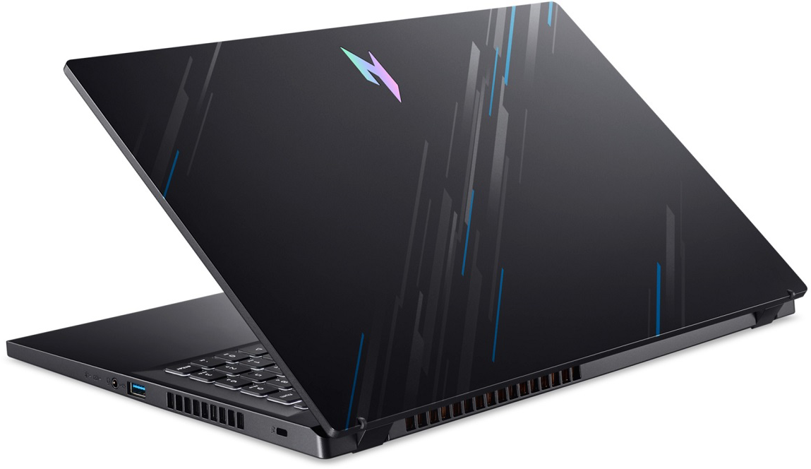 Fekete laptop nyitott fedéllel, billentyűzettel és dizájnnal a hátulján. Kék és szürke vonalak, valamint egy logó látható.